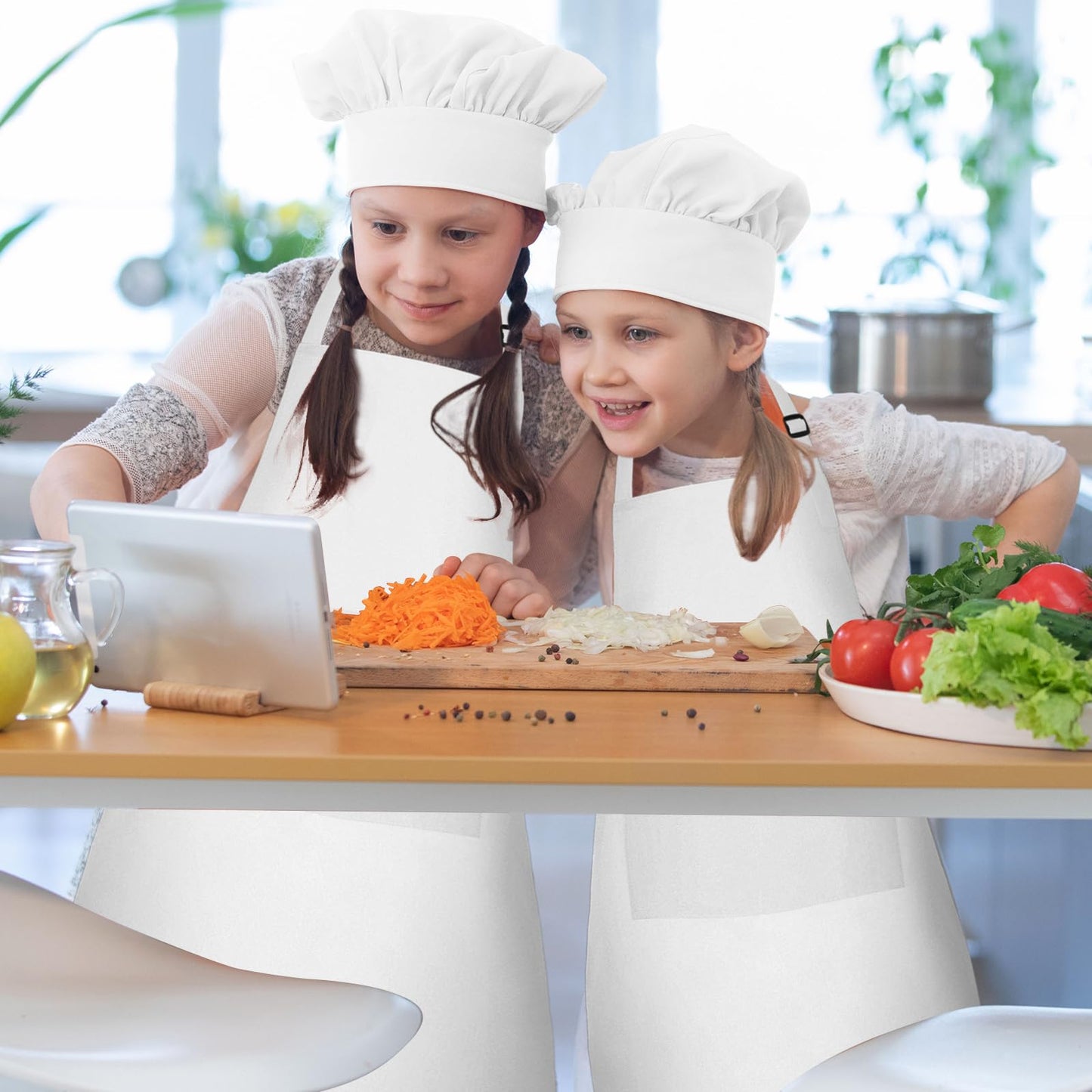 Bouiexye Kids Apron & Chef Hat Set – Adjustable, Two Pockets, White