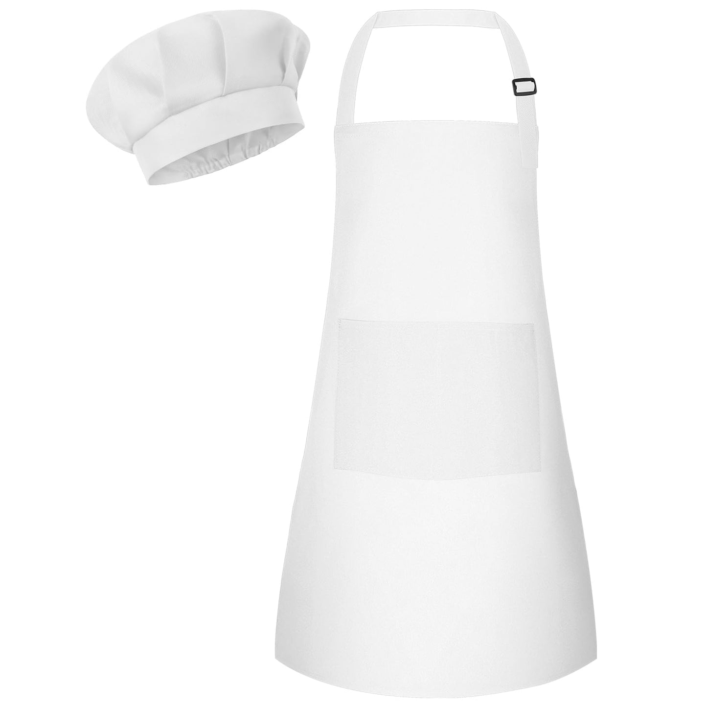 Bouiexye Kids Apron & Chef Hat Set – Adjustable, Two Pockets, White