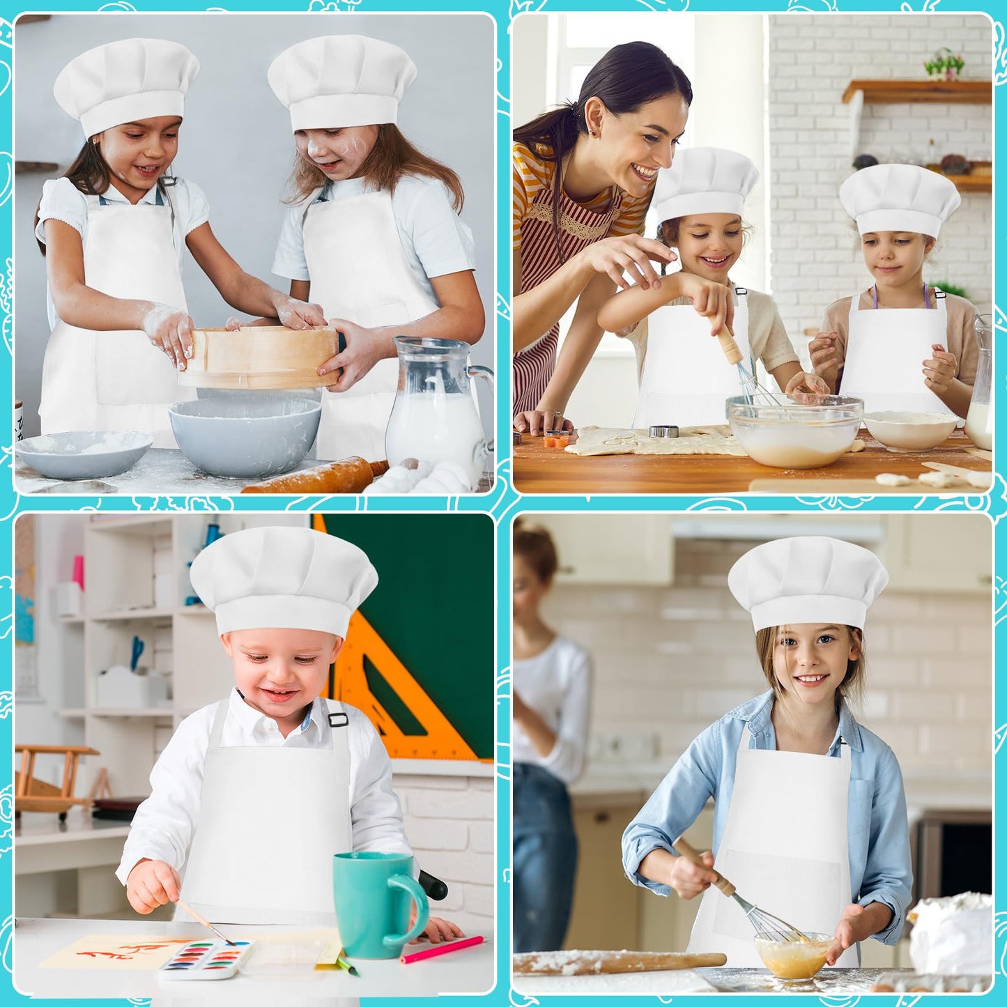 Bouiexye Kids Apron & Chef Hat Set – Adjustable, Two Pockets, White