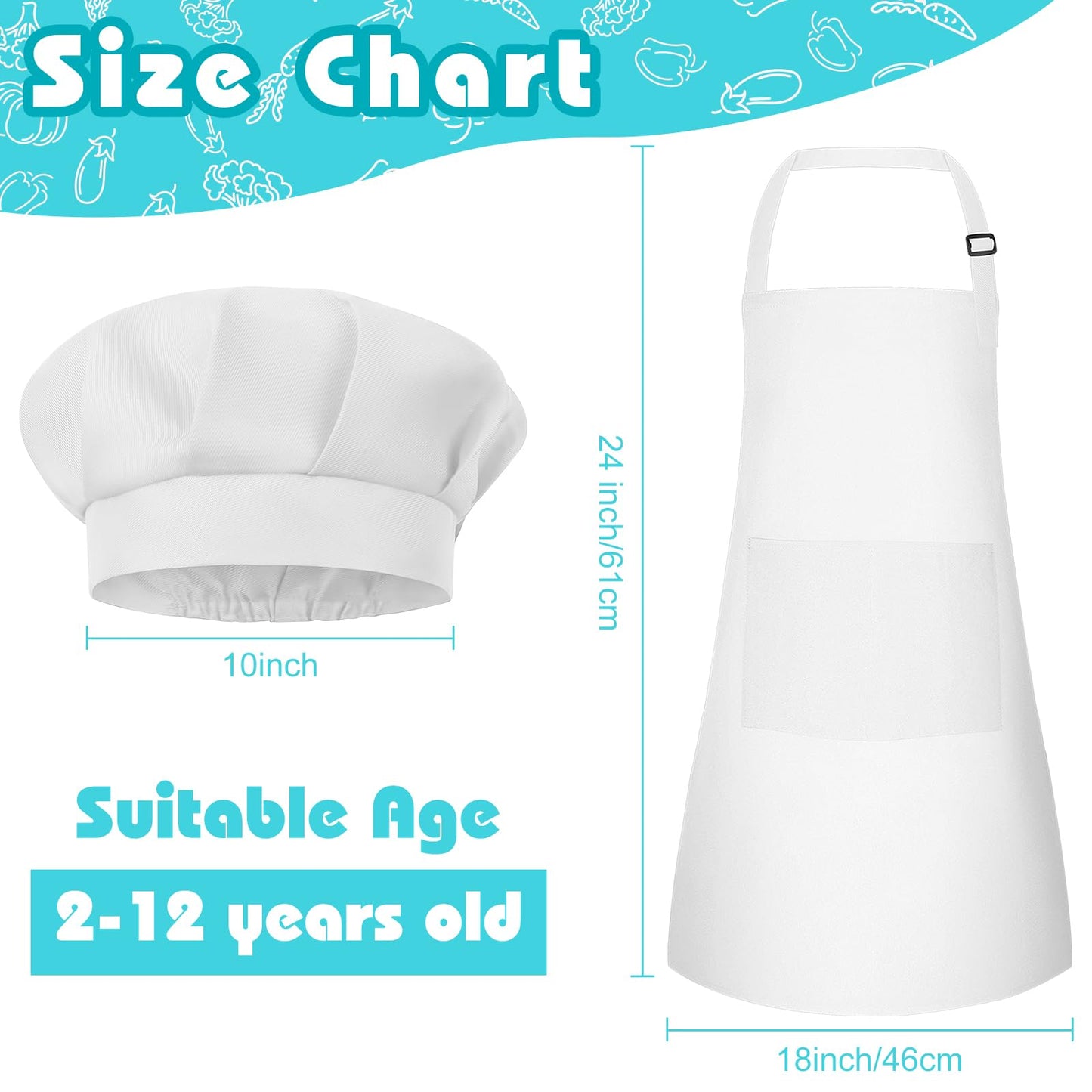 Bouiexye Kids Apron & Chef Hat Set – Adjustable, Two Pockets, White