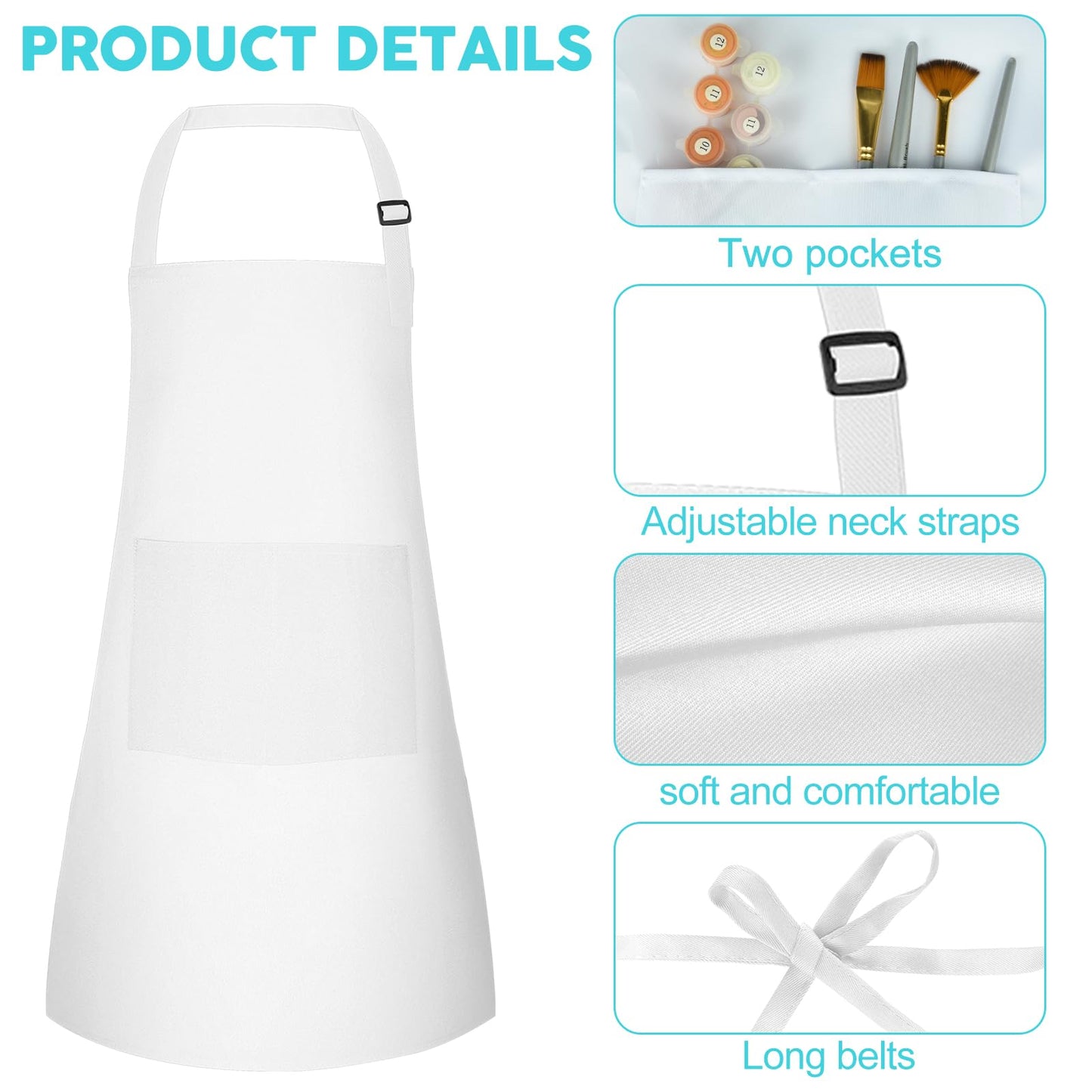 Bouiexye 10 Pack Kids Apron – Adjustable, White, 18 x 24 inches, 2 Pockets