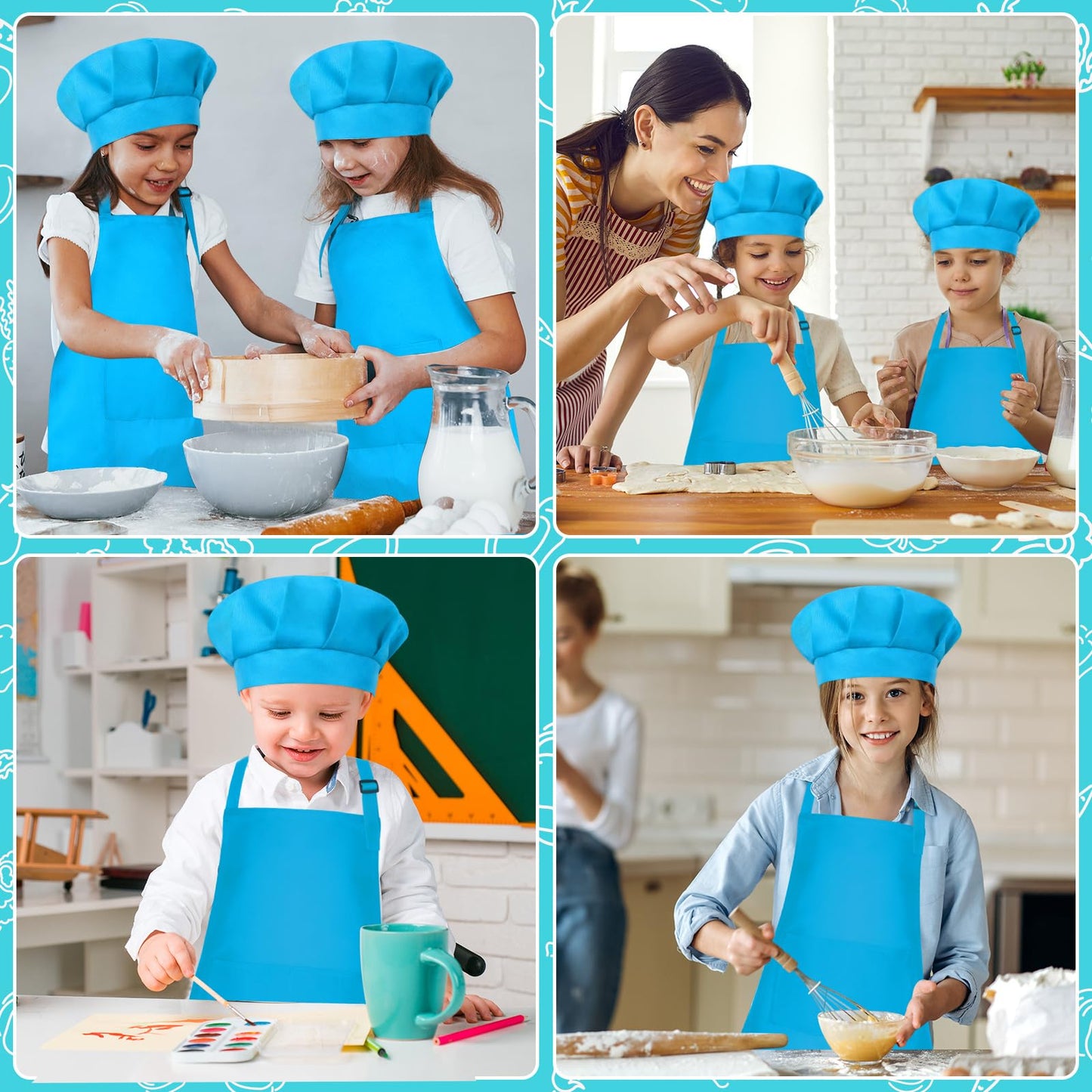 Bouiexye 1 Set Kids Apron & Chef Hat (Blue) — Adjustable, 2 Pockets for Cooking, Painting & Crafts