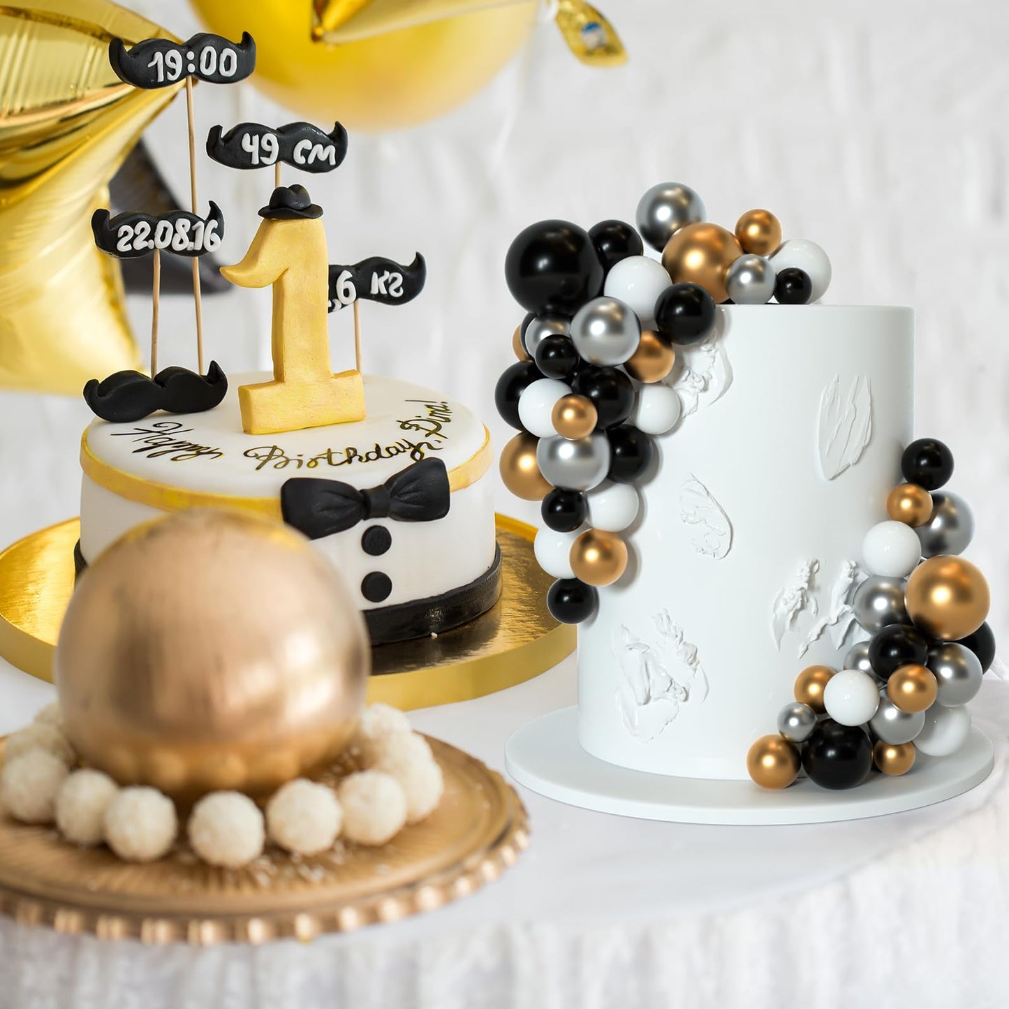 Bouiexye 75 Pieces Cake Balls Topper Decorations – Foam Ball Picks for Cakes (Black, Gold, Silver, White)