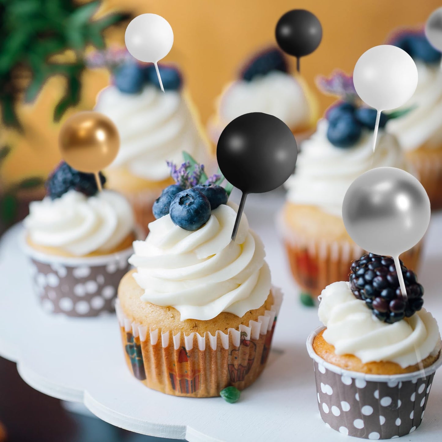 Bouiexye 75 Pieces Cake Balls Topper Decorations – Foam Ball Picks for Cakes (Black, Gold, Silver, White)