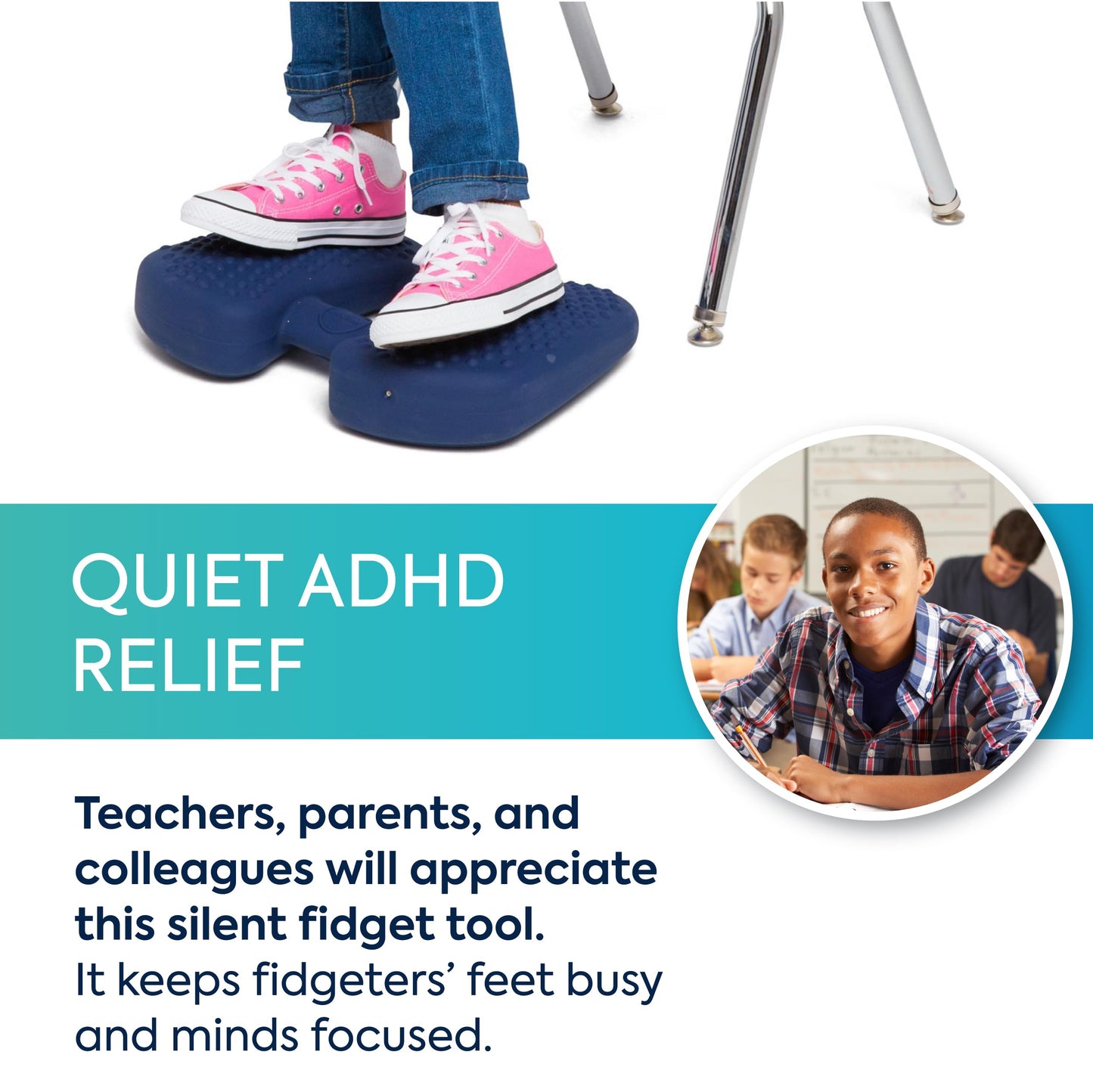 Bouncy Bands Wiggle Feet, Dark Blue – Quiet Desk Fidget Cushion for Focus (12" x 9" x 2.5")