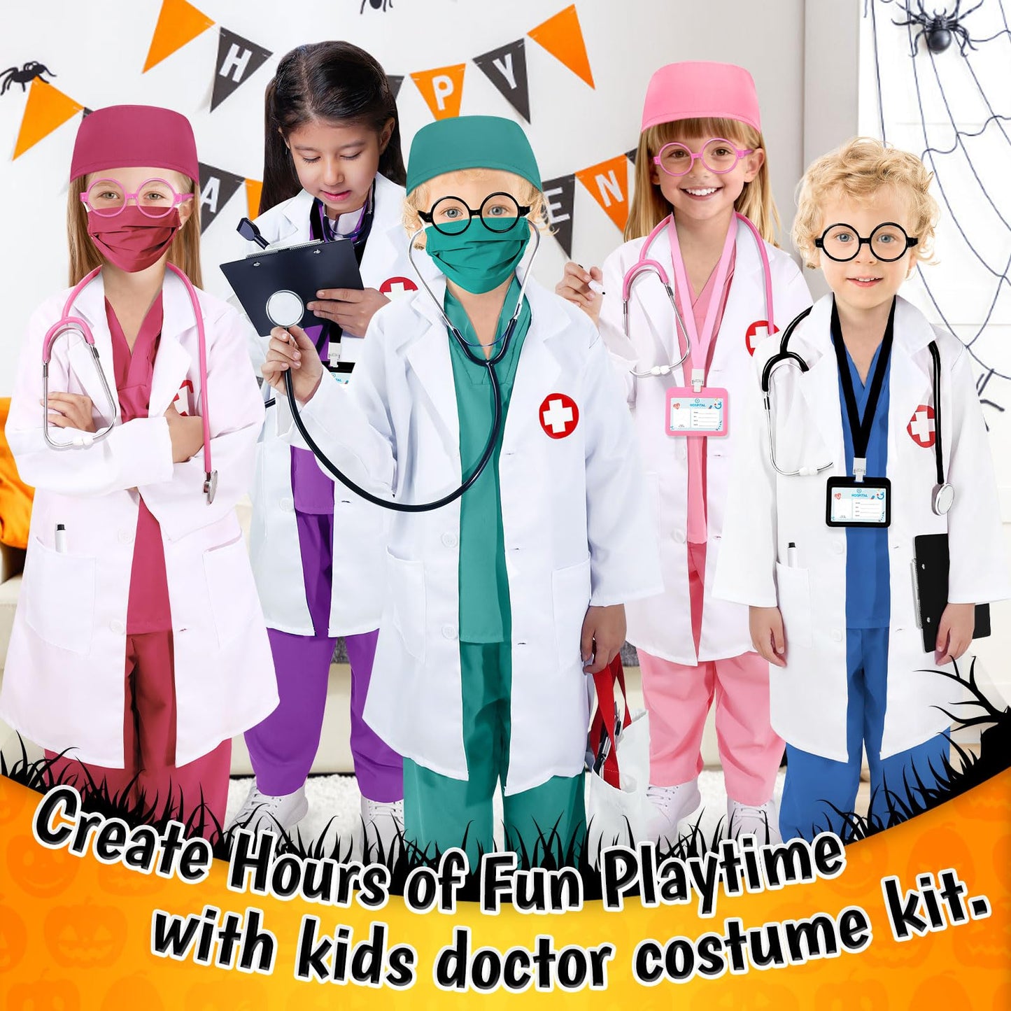 Boutrele 12-Piece Doctor Costume for Kids – Pink Scrubs, Lab Coat & Nurse Set (5–6 Years)