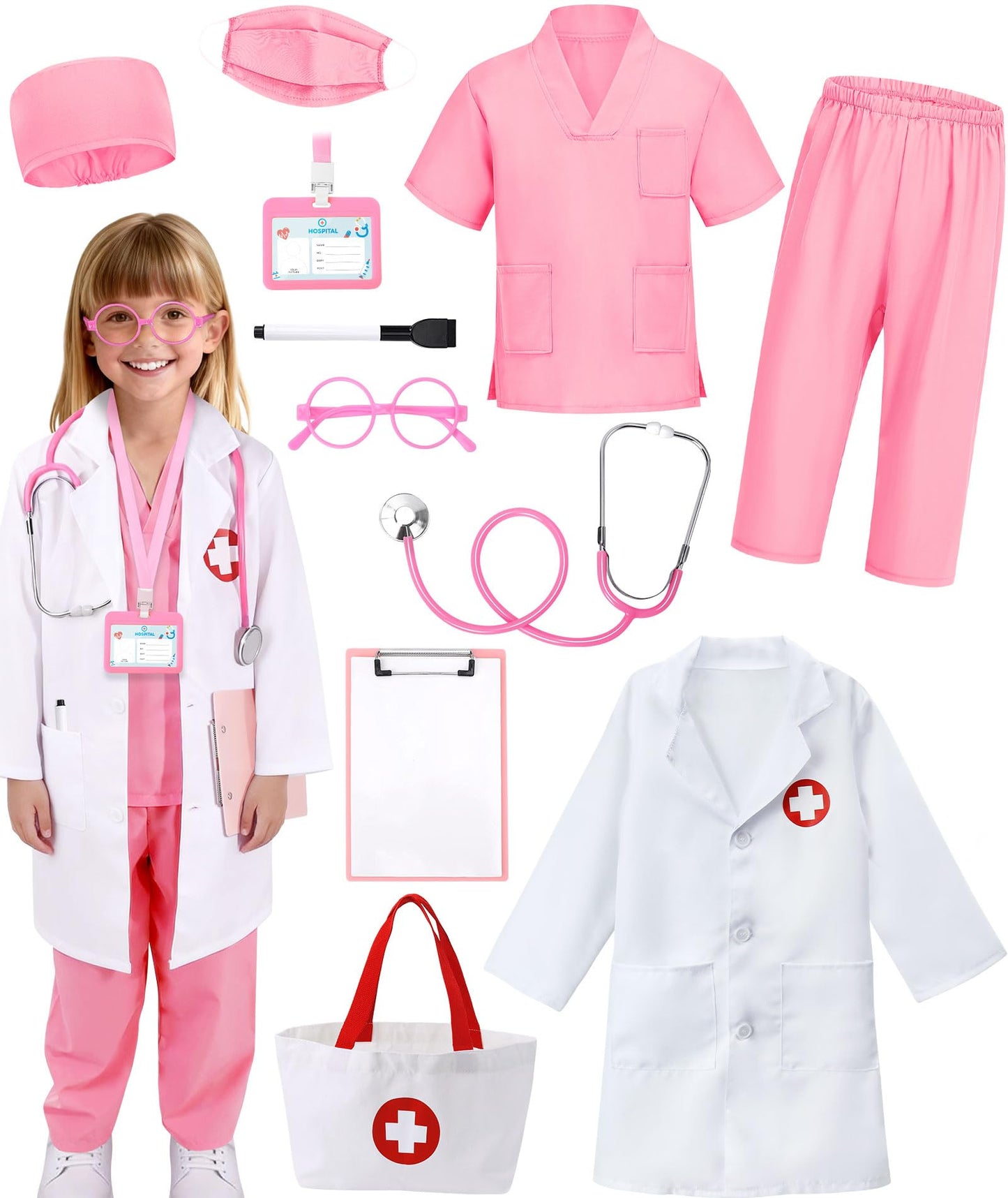Boutrele 12-Piece Doctor Costume for Kids – Pink Scrubs, Lab Coat & Nurse Set (5–6 Years)