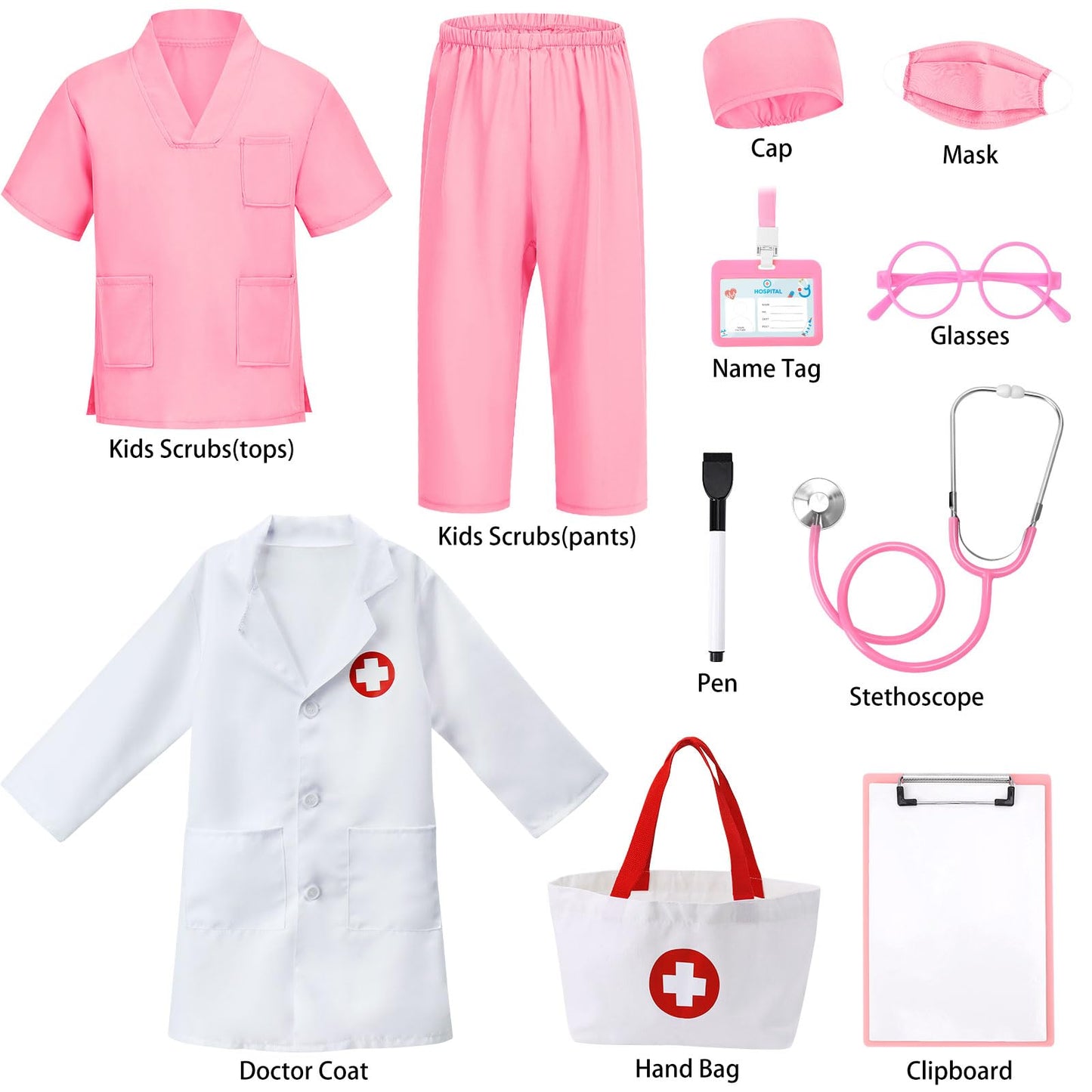 Boutrele 12-Piece Doctor Costume for Kids – Pink Scrubs, Lab Coat & Nurse Set (5–6 Years)