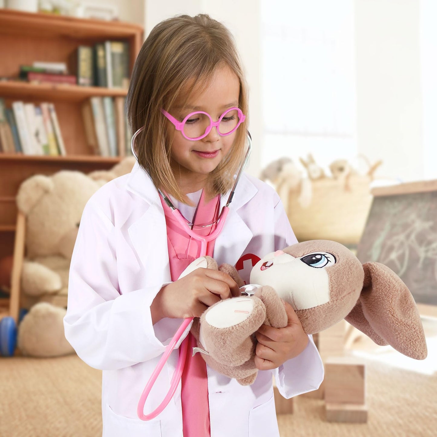 Boutrele 12-Piece Doctor Costume for Kids – Pink Scrubs, Lab Coat & Nurse Set (5–6 Years)