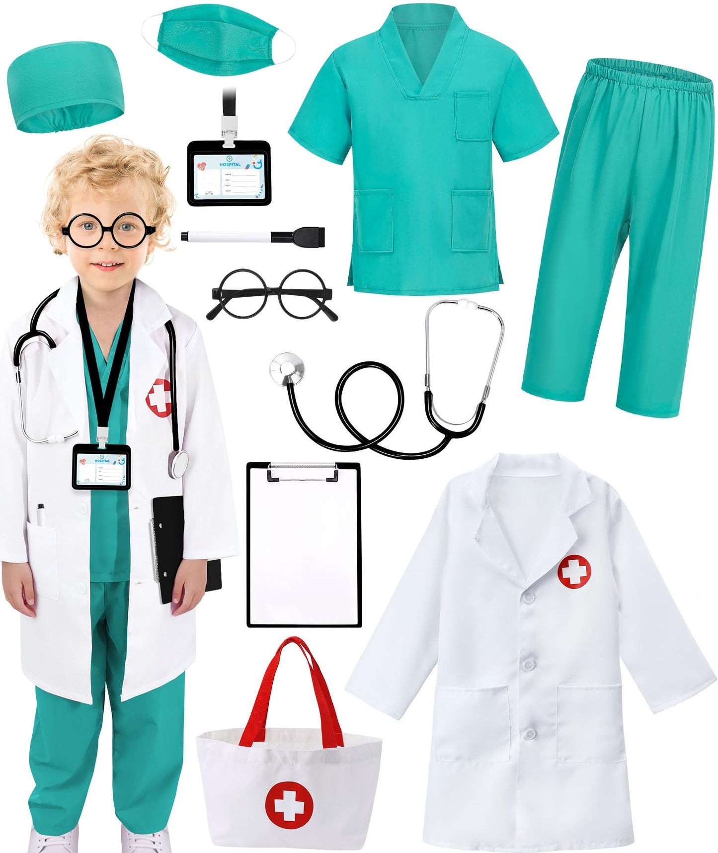 Boutrele 12-Piece Kids Doctor Costume Set – Lab Coat, Scrubs & Accessories (Green, 3-4 Years)