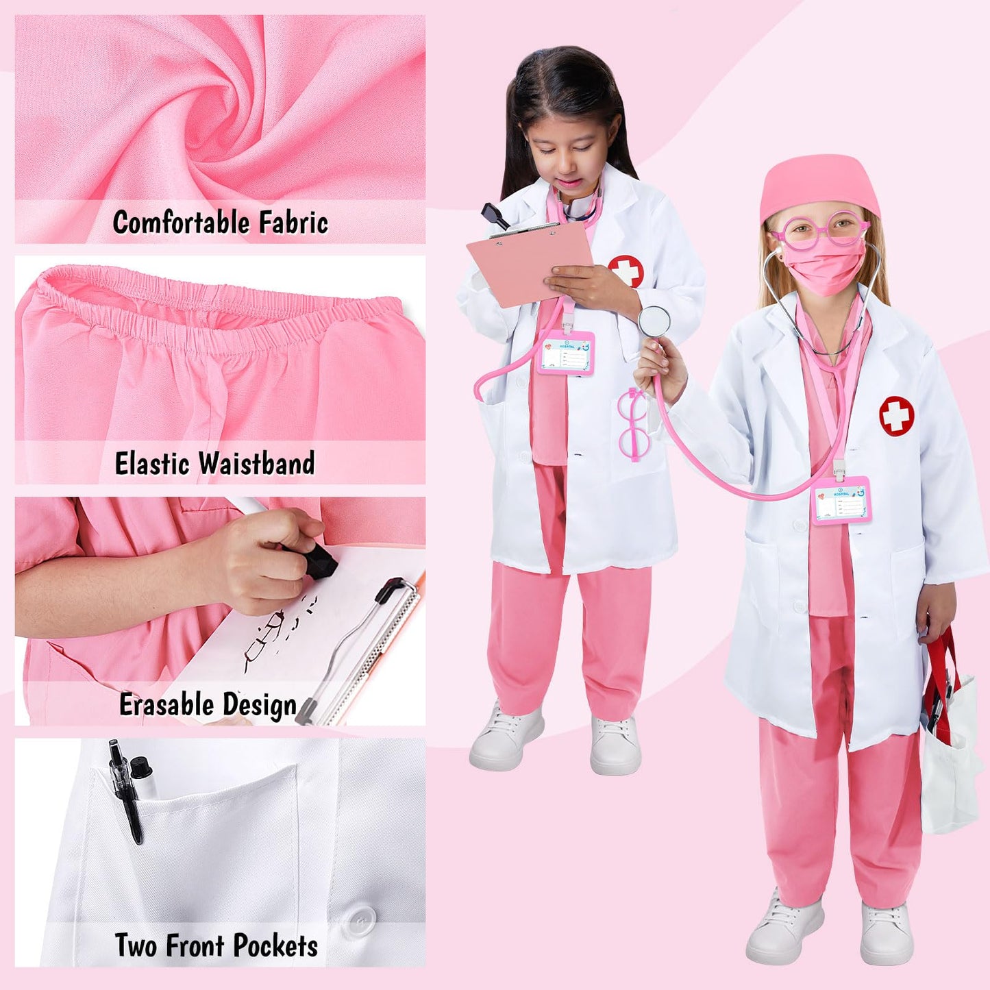 Boutrele 12-Piece Doctor Costume for Kids – Scrubs, Lab Coat & Nurse Set (Pink, 7-8 Years)