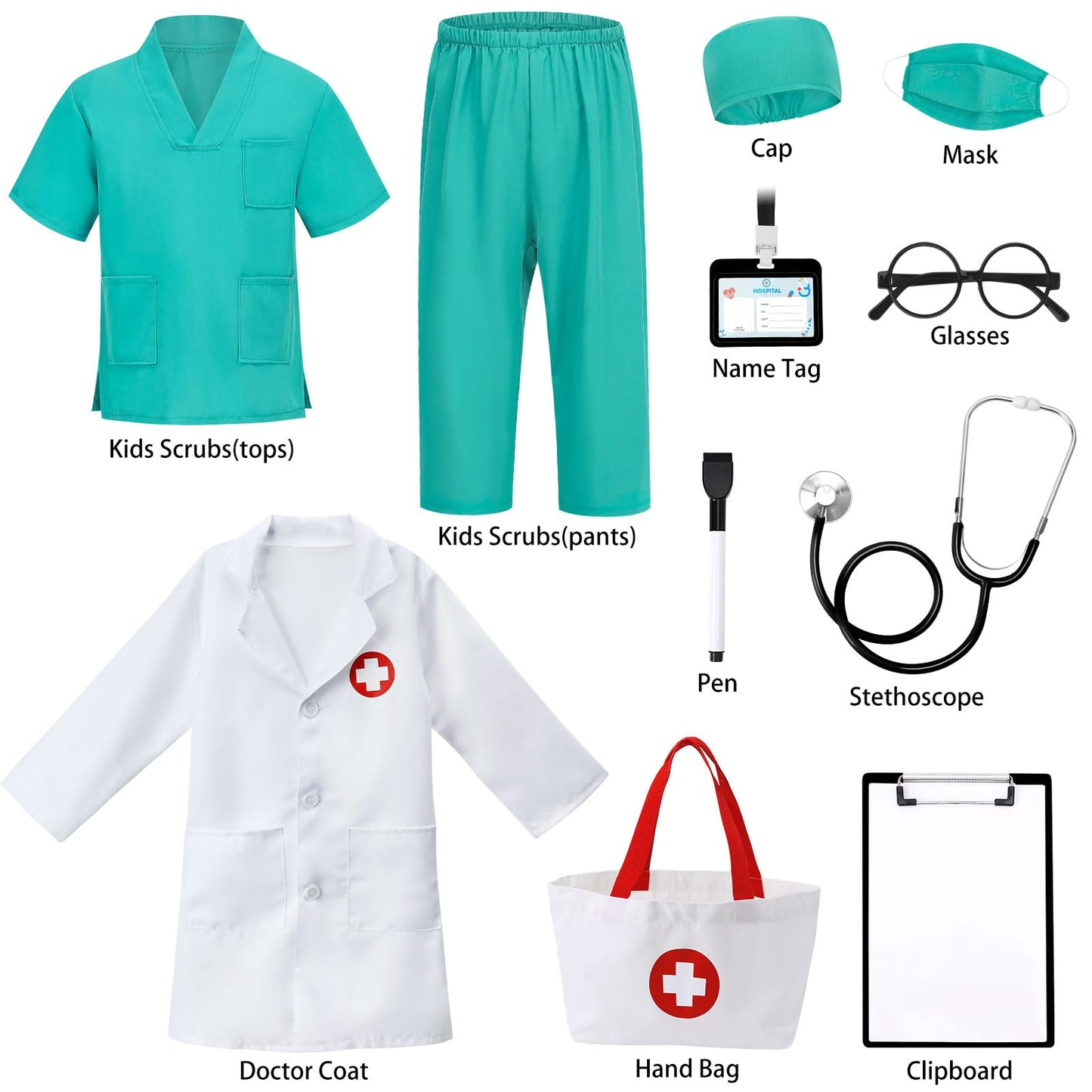 Boutrele 12-Piece Kids Doctor Costume Set – Lab Coat, Scrubs & Accessories (Green, 3-4 Years)