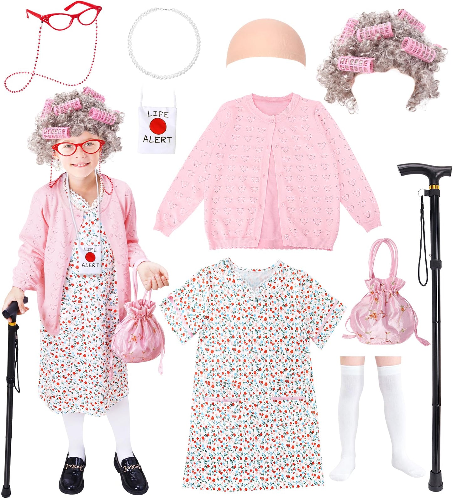 Boutrele 11 Pcs Old Lady Costume for Kids – 100 Days of School Outfit