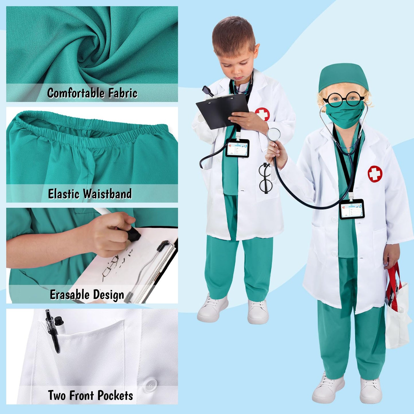 Boutrele 12-Piece Kids Doctor Costume Set – Lab Coat, Scrubs & Accessories (Green, 3-4 Years)
