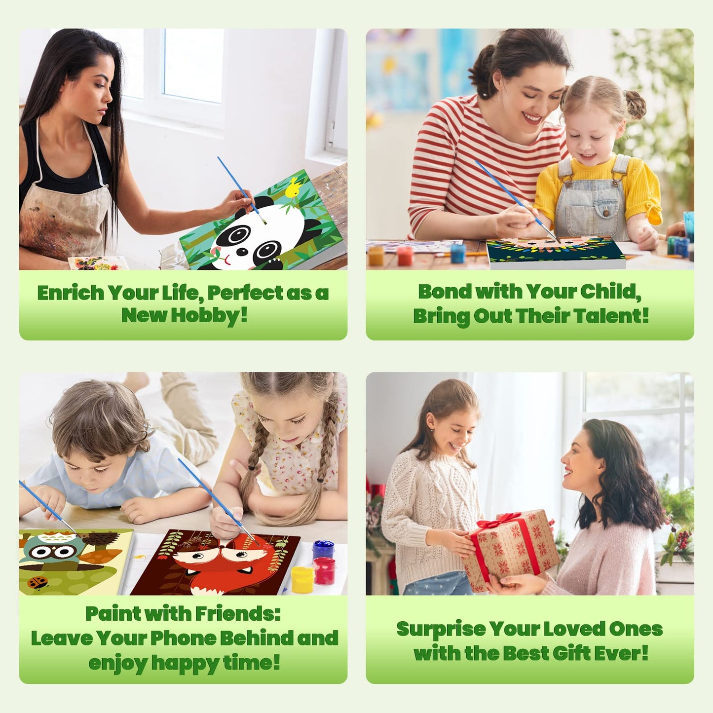 Bowetile 4 Pack Framed Paint by Numbers for Kids & Beginners — 8x8in Canvas