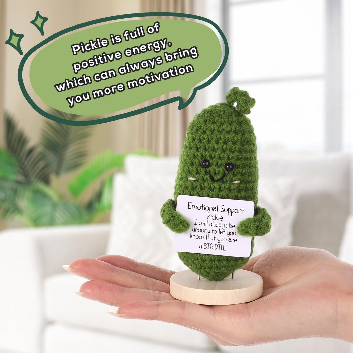 BOXOB Positive Cucumber Plush – 4.3-Inch Knitted Cucumber with Cards & Wooden Base