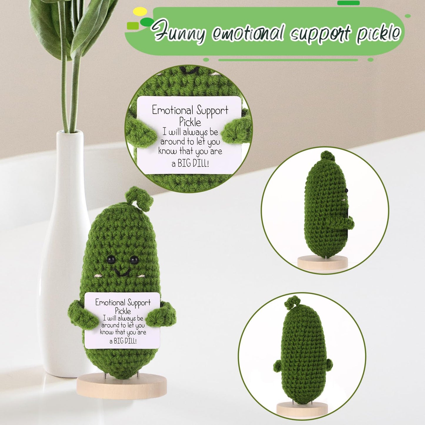 BOXOB Positive Cucumber Plush – 4.3-Inch Knitted Cucumber with Cards & Wooden Base