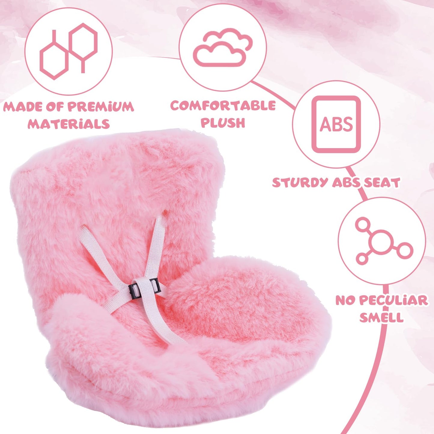 BOXOB Car Seat for Dolls – Plush Pink Safety Seat with Air Vent Clips for Doll Display
