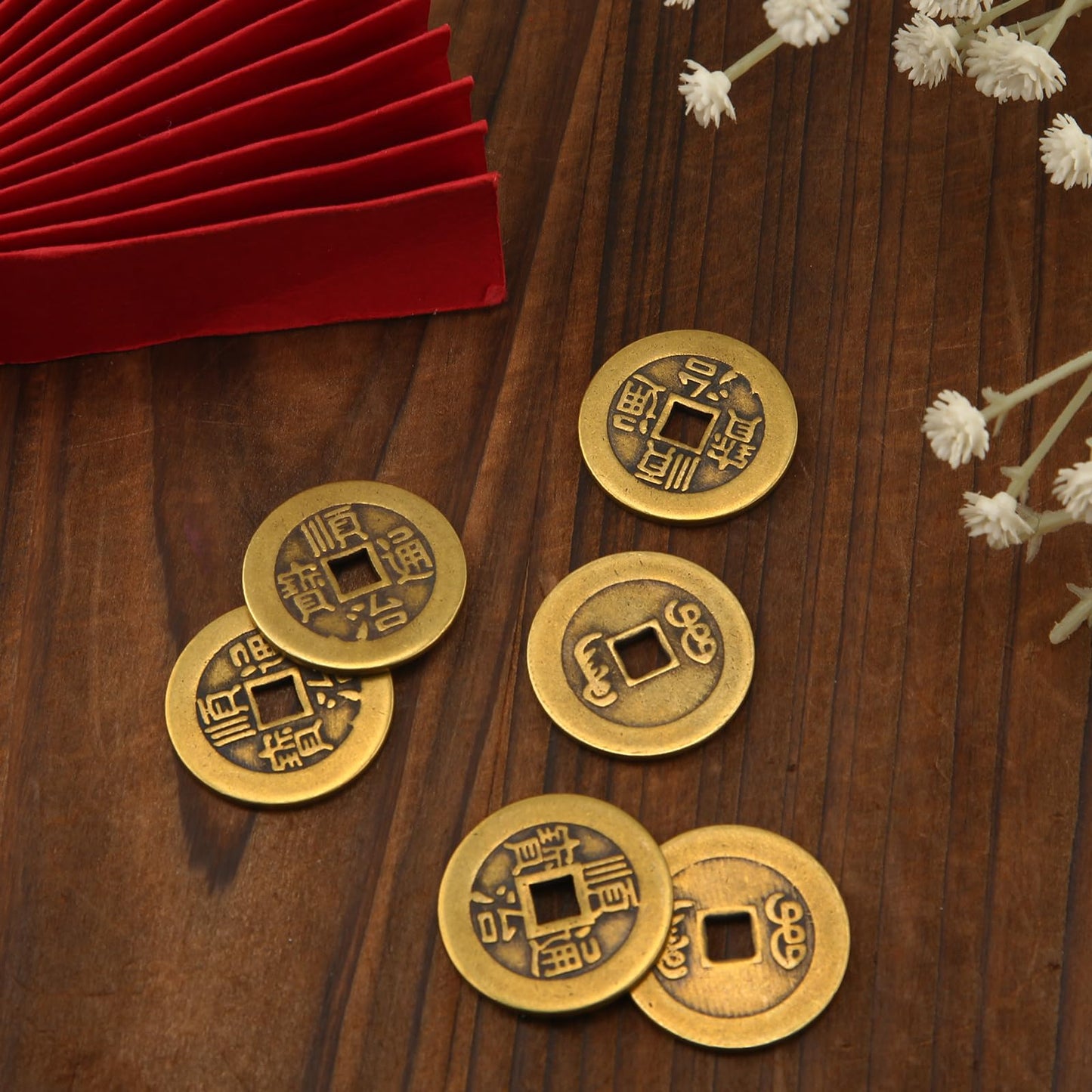 BOXOB 6pcs I Ching Coins – 1.1" Brass Fortune Coins for Divination & Decor