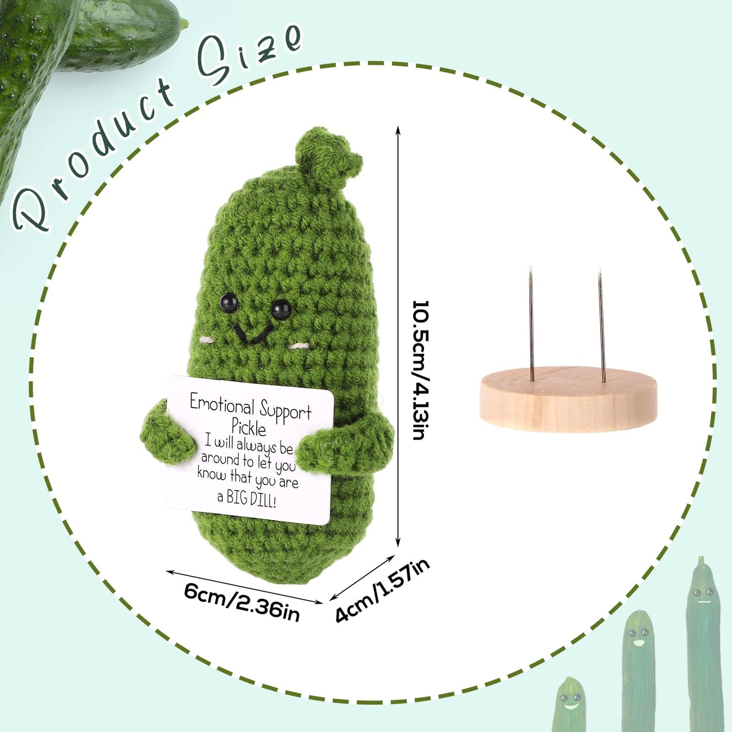 BOXOB Positive Cucumber Plush – 4.3-Inch Knitted Cucumber with Cards & Wooden Base