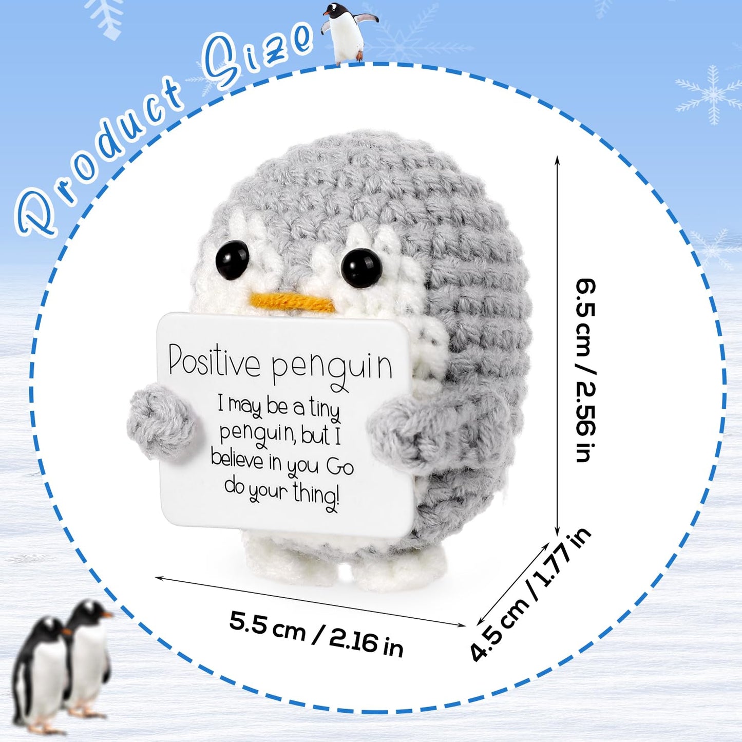 BOXOB Mini Positive Penguin Toy with Card – 2.6-inch Knitted Plush (Gray)
