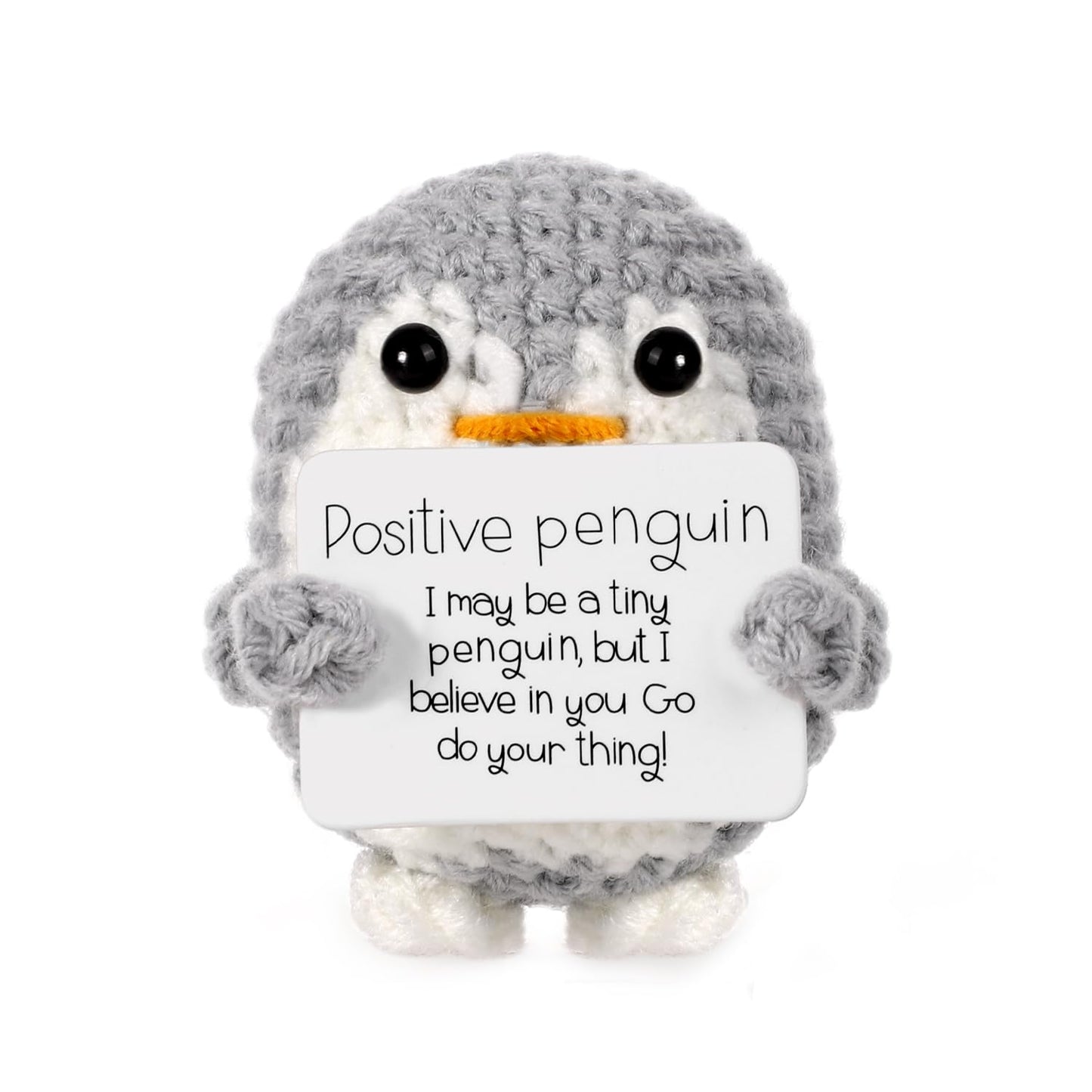 BOXOB Mini Positive Penguin Toy with Card – 2.6-inch Knitted Plush (Gray)
