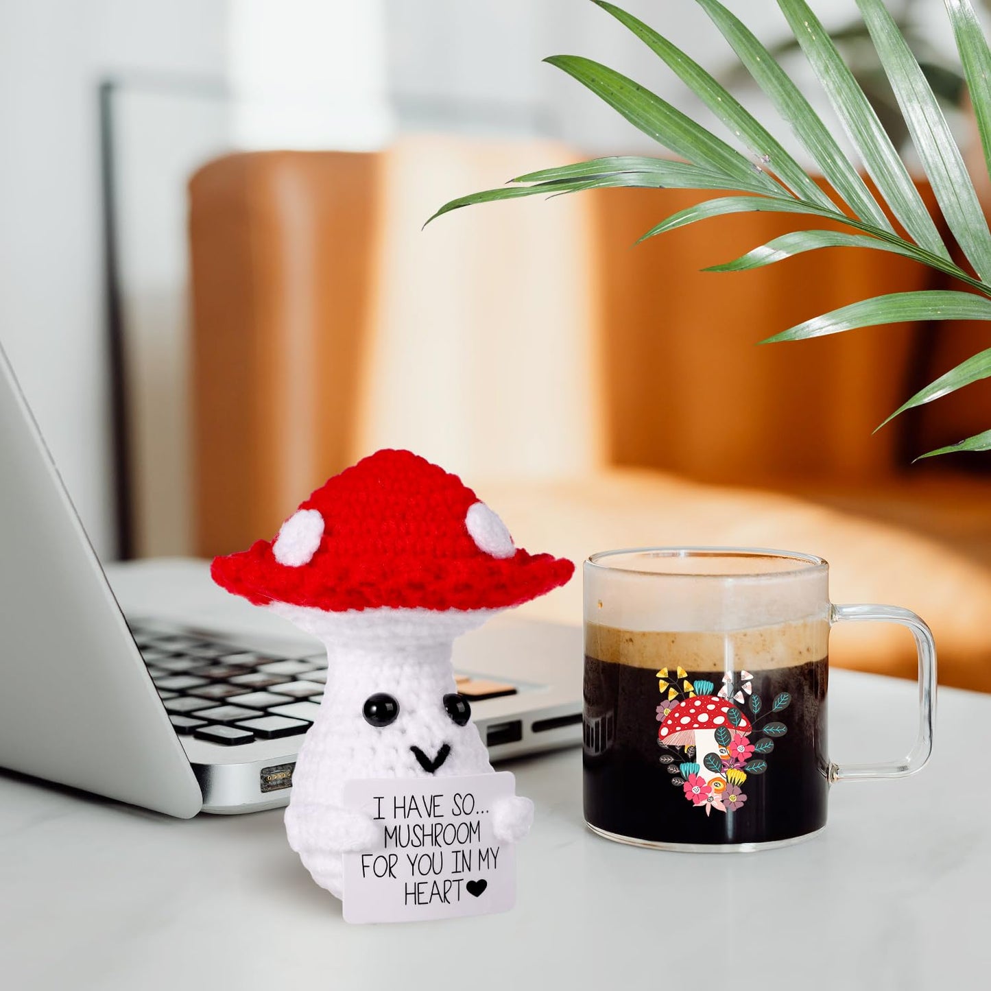 BOXOB Funny Positive Mushroom Doll – 3.93in Knit Wool Plush with Inspirational Card | Cute Gift & Decor