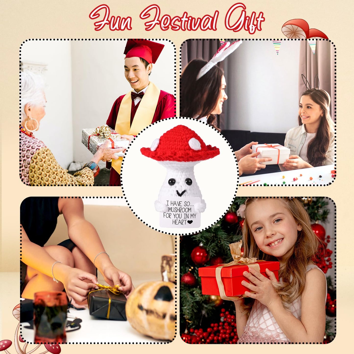 BOXOB Funny Positive Mushroom Doll – 3.93in Knit Wool Plush with Inspirational Card | Cute Gift & Decor