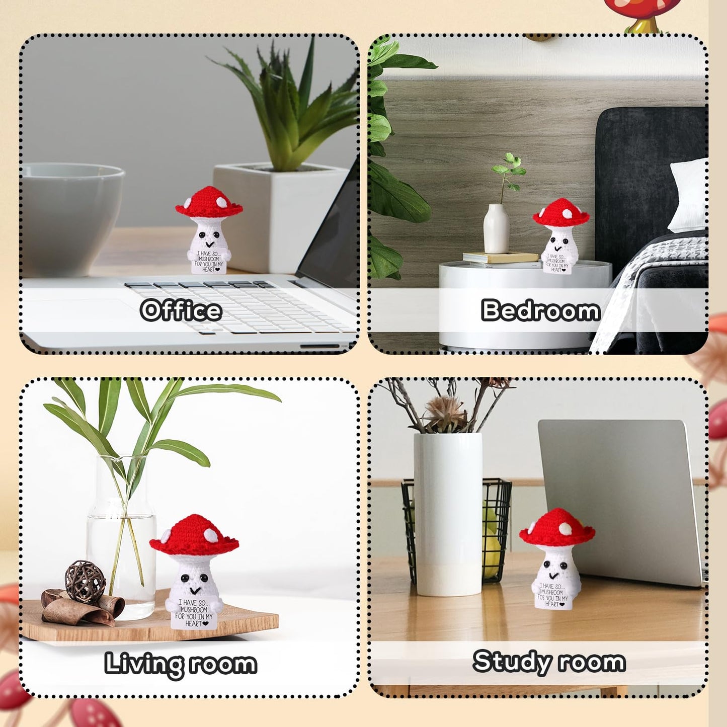 BOXOB Funny Positive Mushroom Doll – 3.93in Knit Wool Plush with Inspirational Card | Cute Gift & Decor
