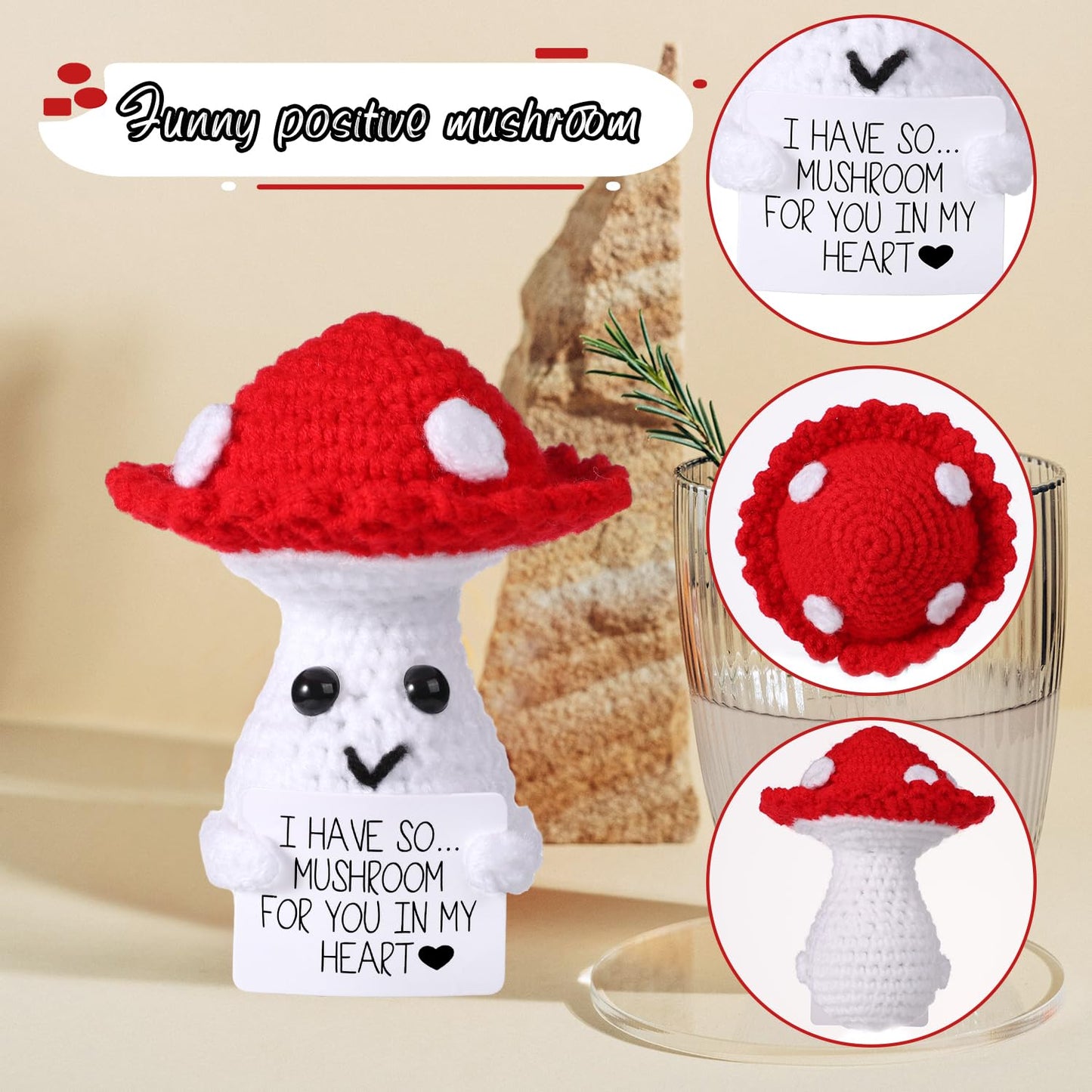 BOXOB Funny Positive Mushroom Doll – 3.93in Knit Wool Plush with Inspirational Card | Cute Gift & Decor