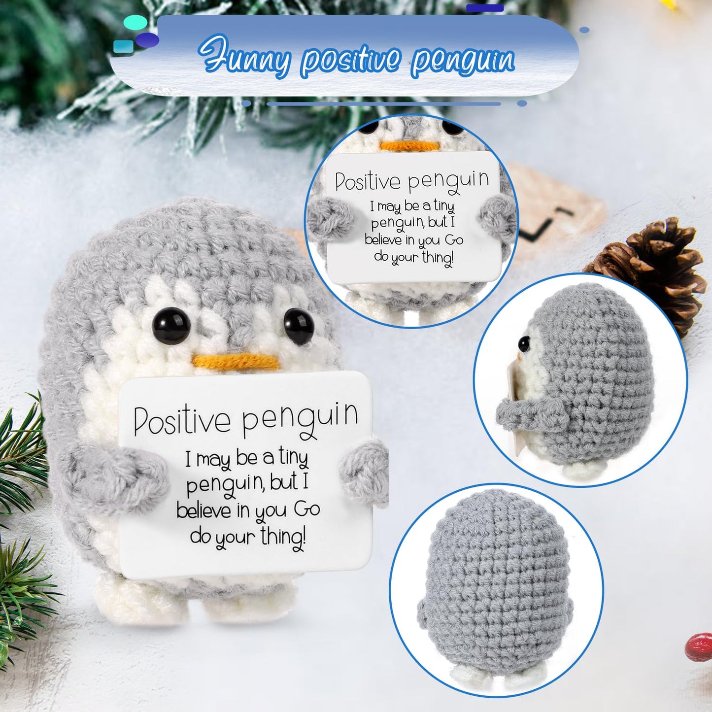BOXOB Mini Positive Penguin Toy with Card – 2.6-inch Knitted Plush (Gray)