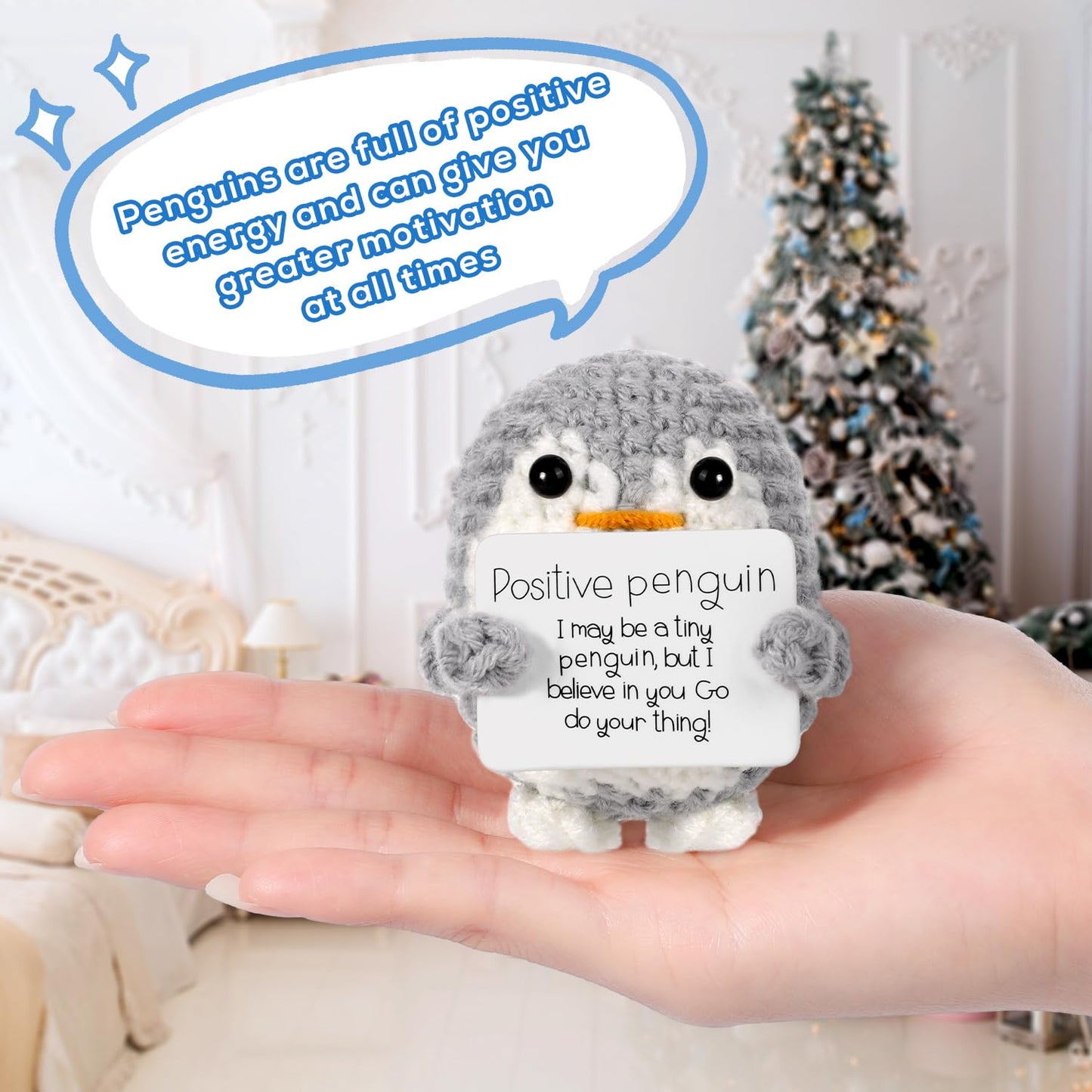 BOXOB Mini Positive Penguin Toy with Card – 2.6-inch Knitted Plush (Gray)