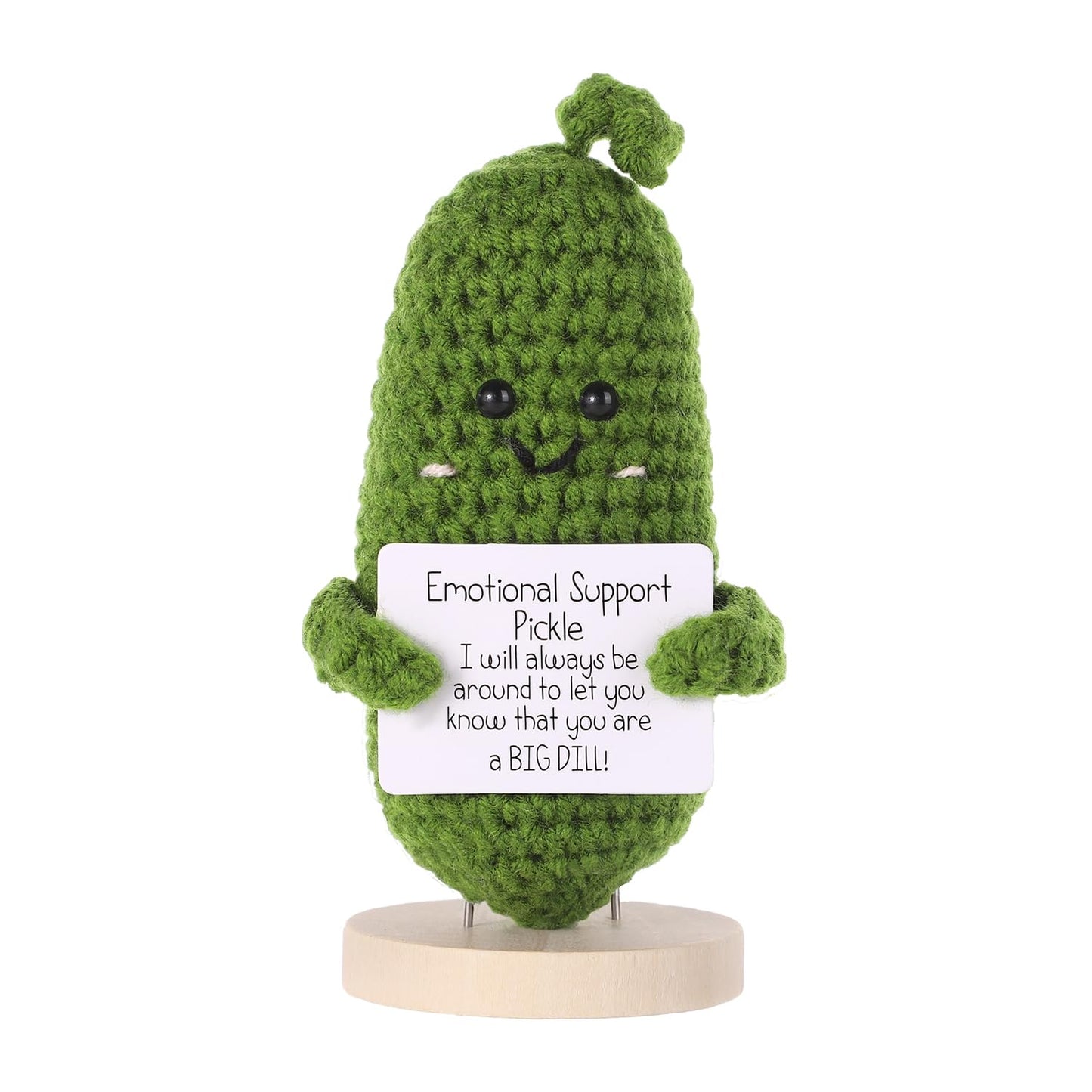 BOXOB Positive Cucumber Plush – 4.3-Inch Knitted Cucumber with Cards & Wooden Base