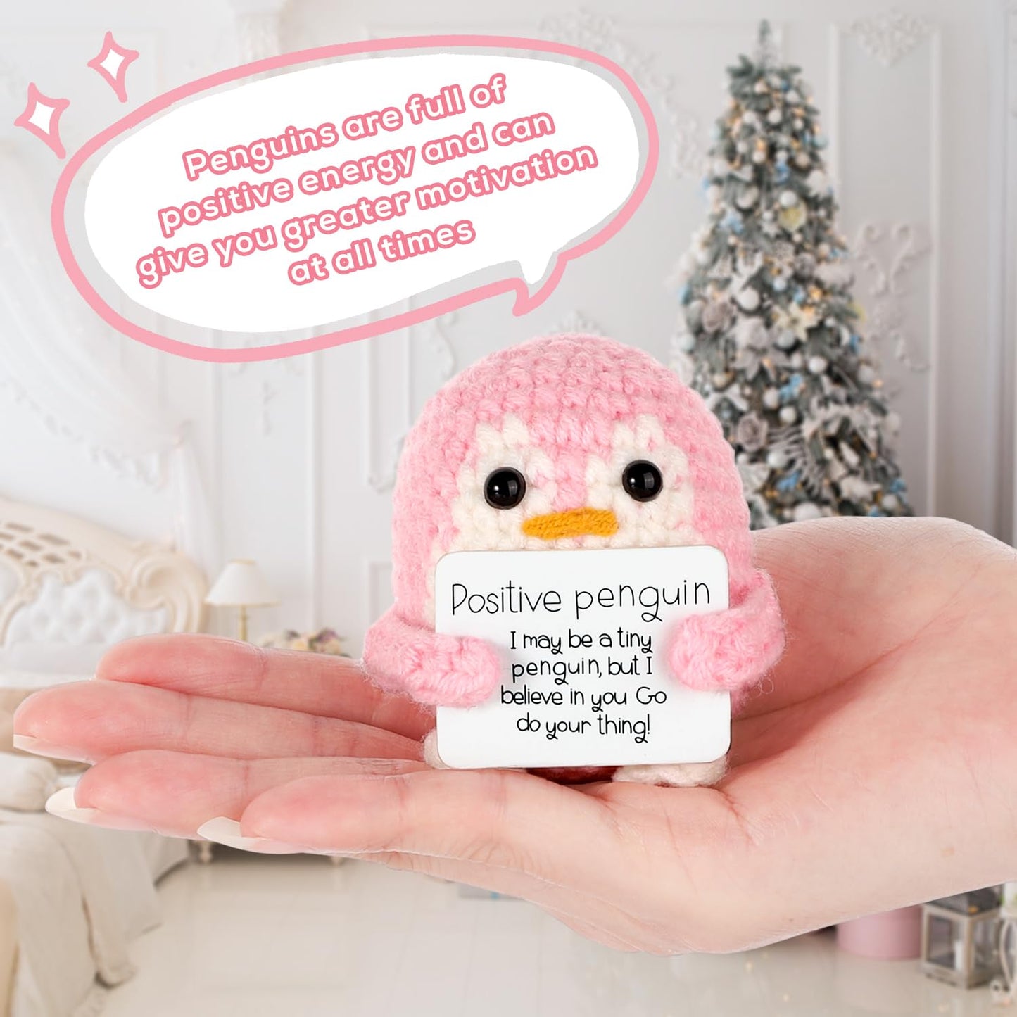 BOXOB Positive Penguin Doll – 2.6 Inch Knit Plush with Encouraging Card