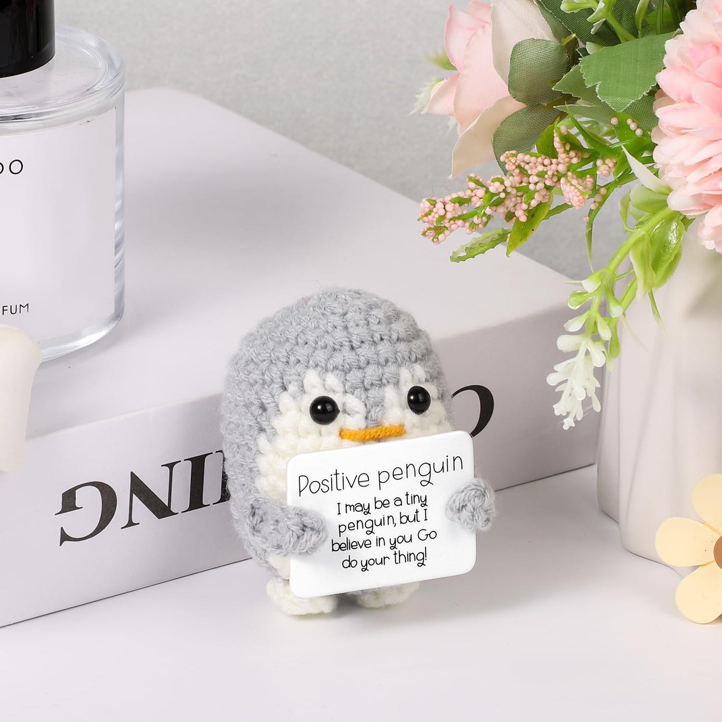 BOXOB Mini Positive Penguin Toy with Card – 2.6-inch Knitted Plush (Gray)