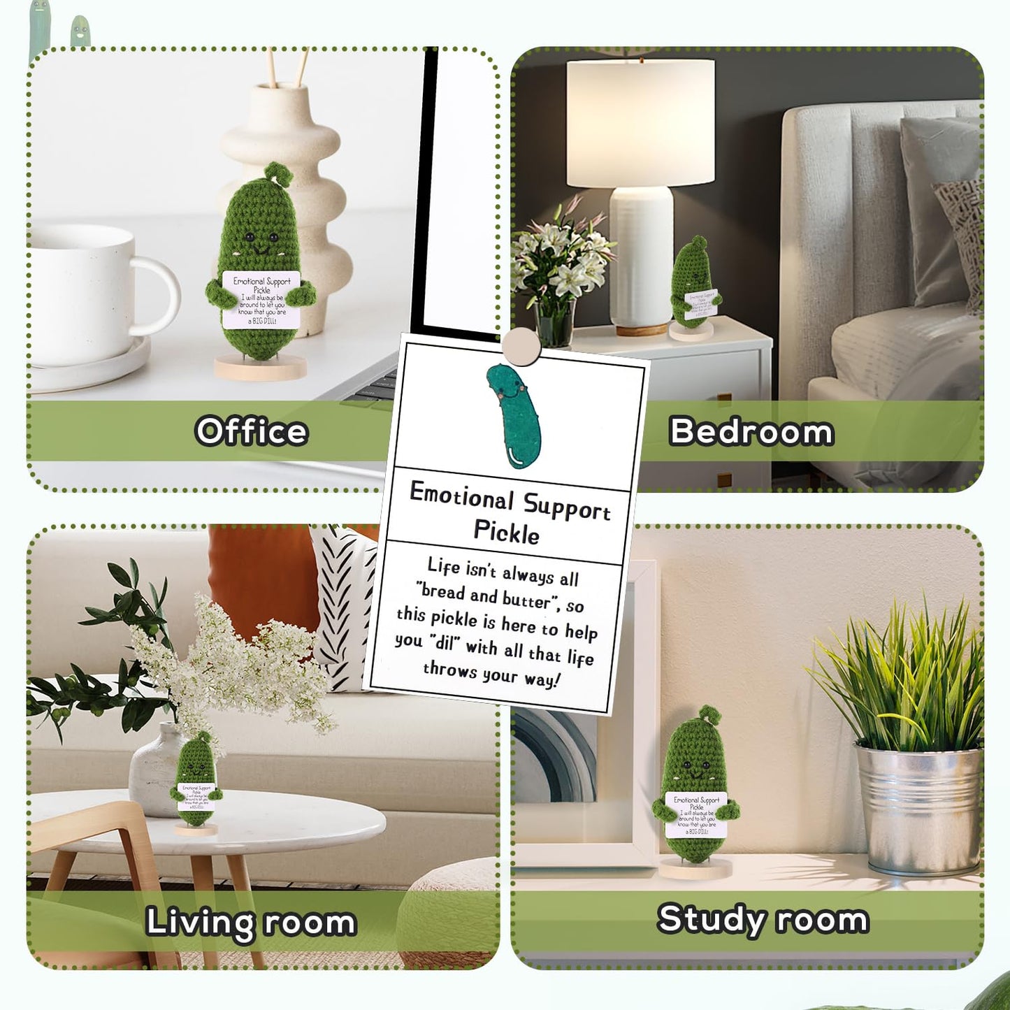 BOXOB Positive Cucumber Plush – 4.3-Inch Knitted Cucumber with Cards & Wooden Base