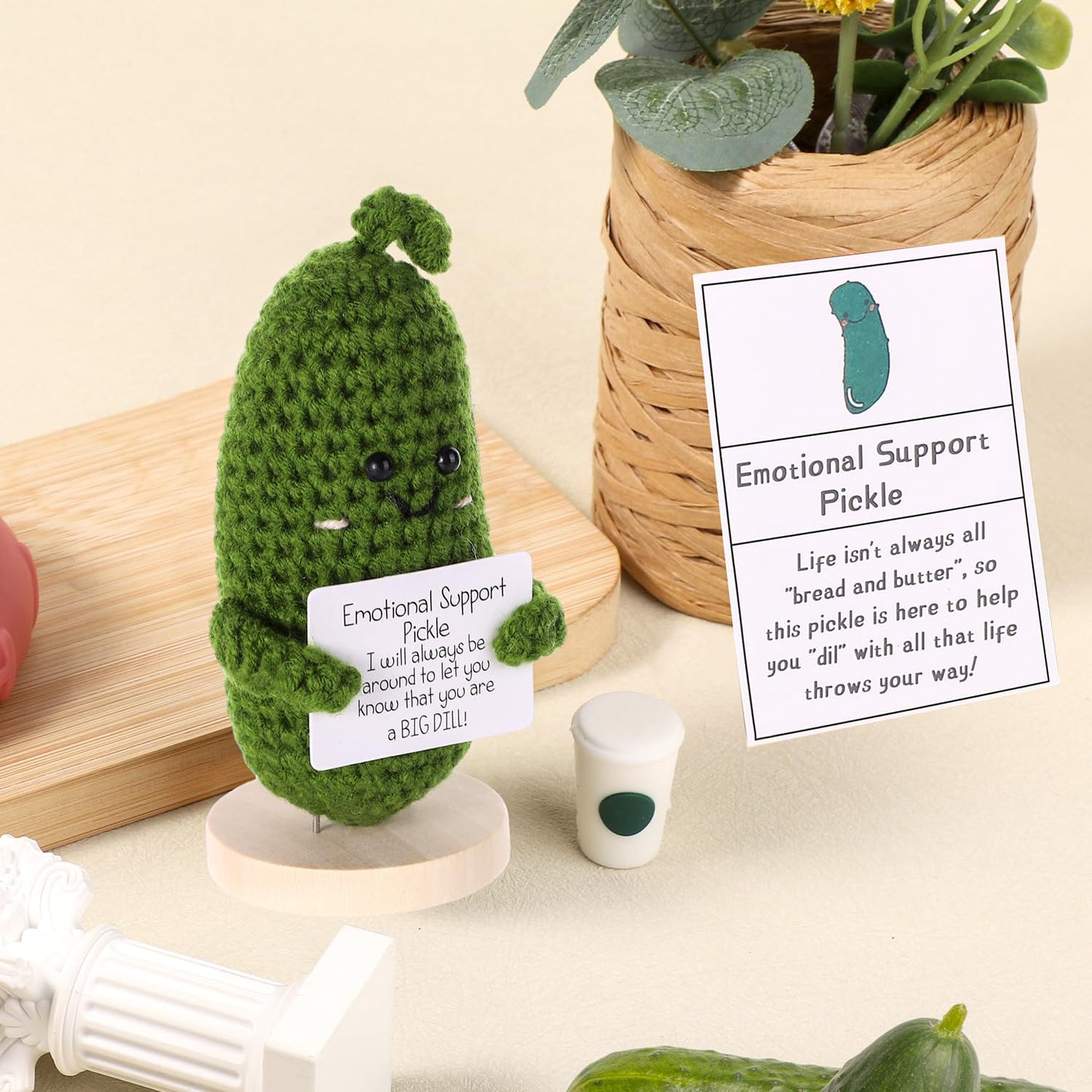 BOXOB Positive Cucumber Plush – 4.3-Inch Knitted Cucumber with Cards & Wooden Base