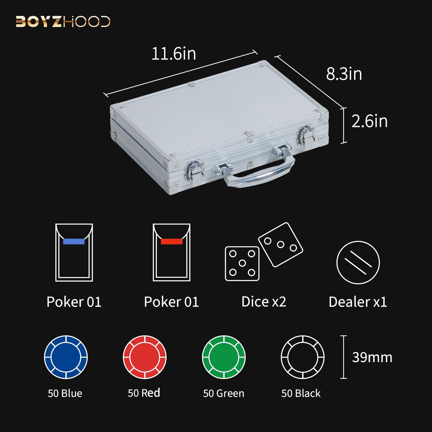 Boyzhood Poker Chips 200Pcs Set with Aluminum Travel Case — 11.5g Chips