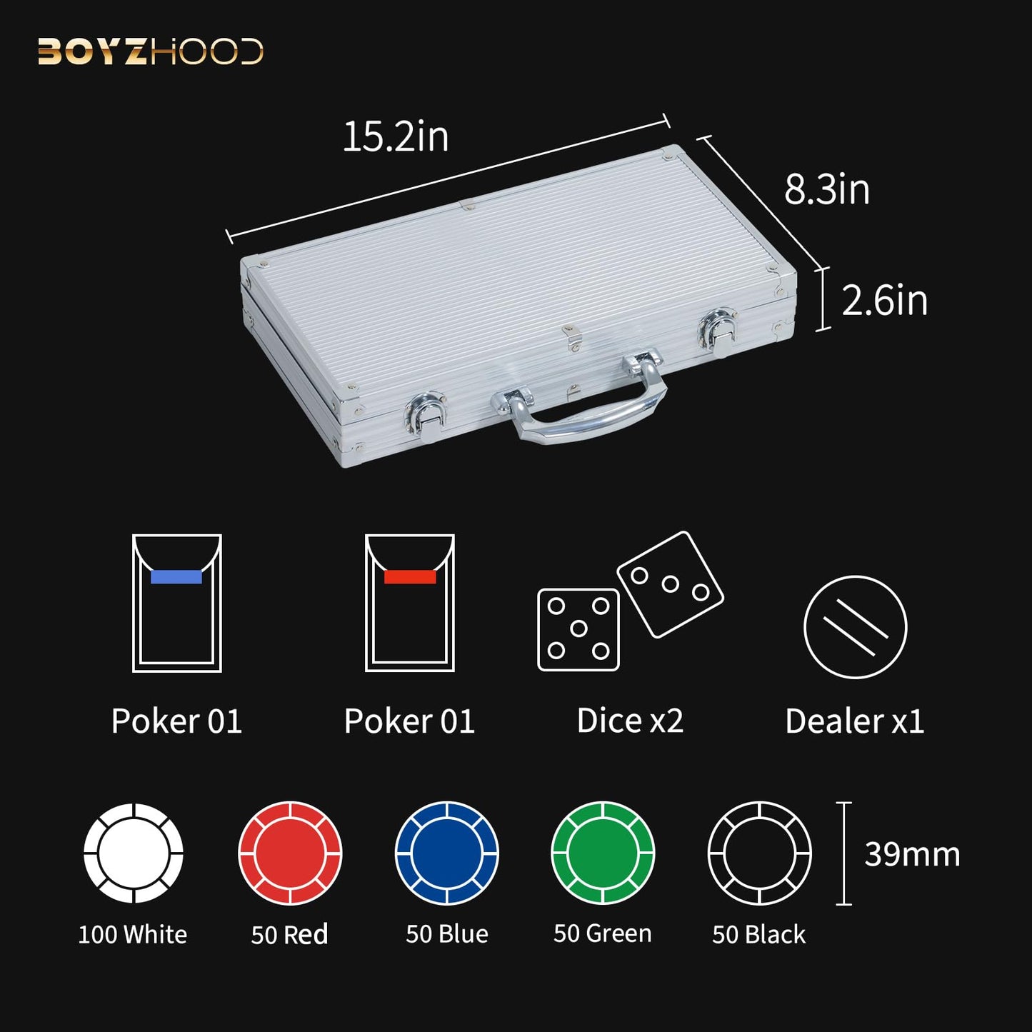 Boyzhood Poker Chips – 300 Pcs Set with Aluminum Travel Case, 11.5g Chips for Texas Hold’em & Blackjack