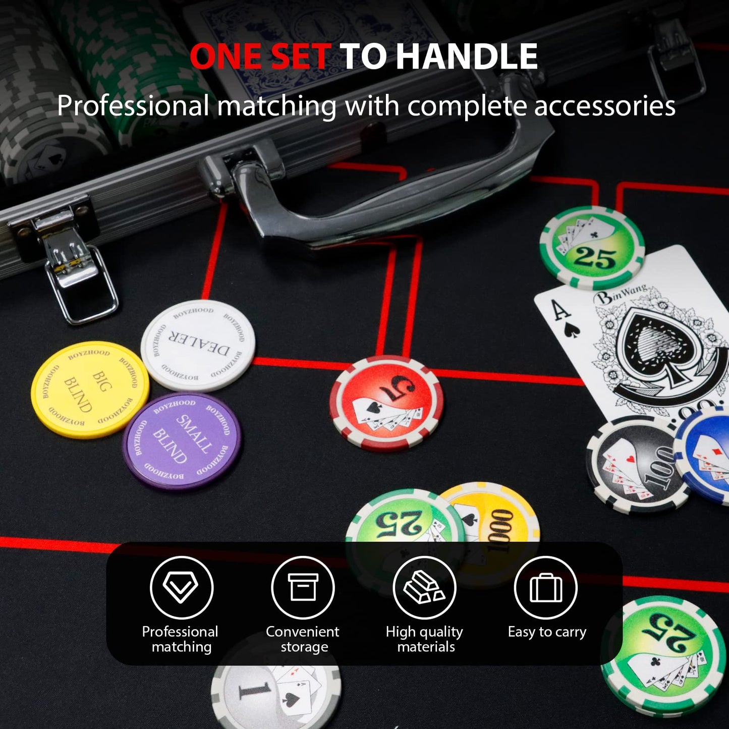 Boyzhood Poker Chips Set 500PCS with Aluminum Travel Case – 11.5g Casino-Quality Chips for Texas Hold'em & Blackjack