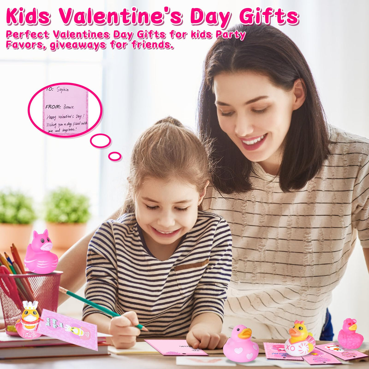 BOZILY 24-Pack Valentine's Day Rubber Ducks with Cards — Kids Classroom Party Favors