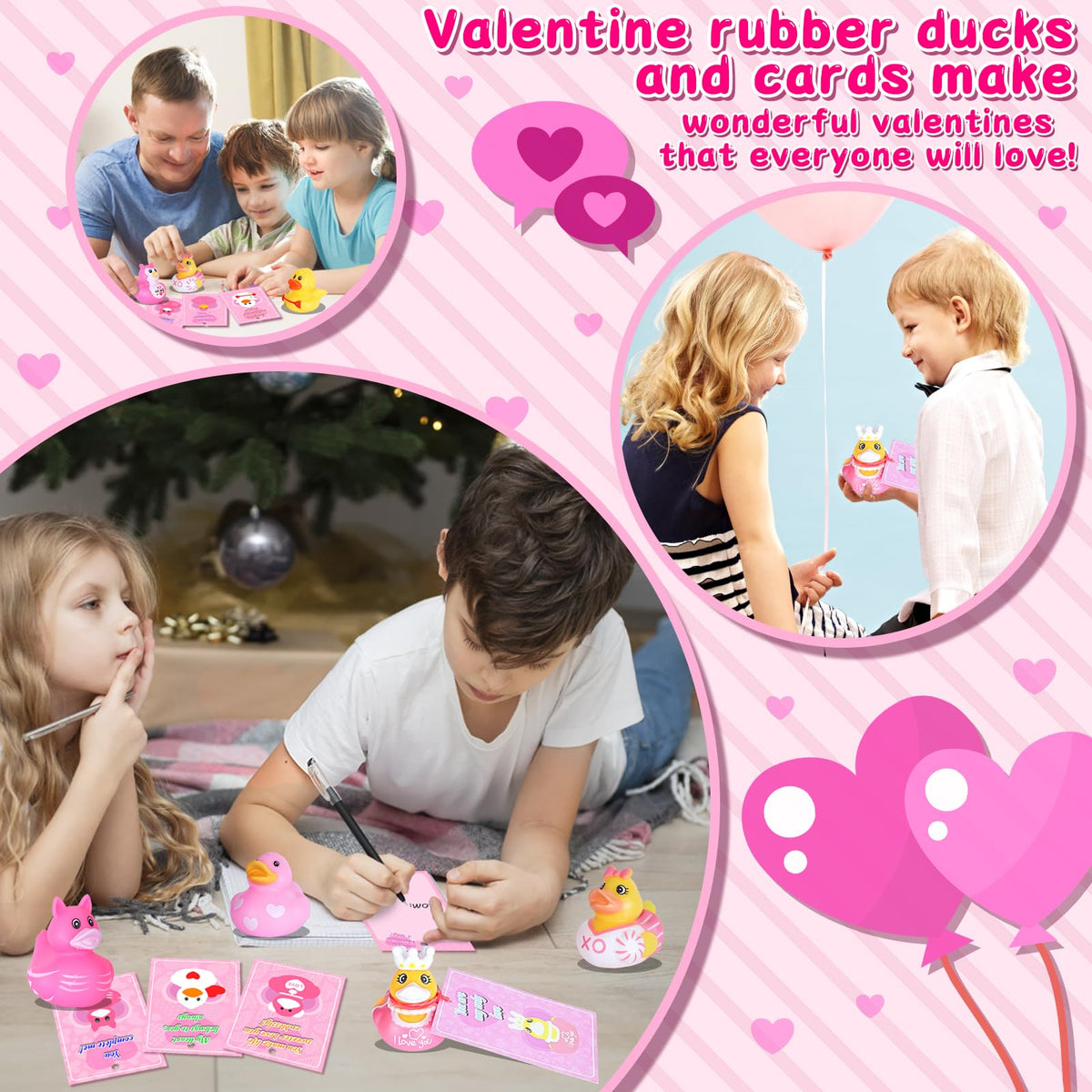 BOZILY 24-Pack Valentine's Day Rubber Ducks with Cards — Kids Classroom Party Favors