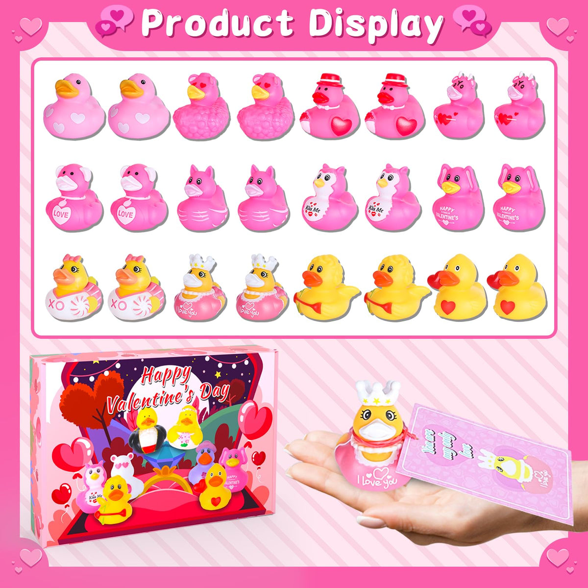 BOZILY 24-Pack Valentine's Day Rubber Ducks with Cards — Kids Classroom Party Favors