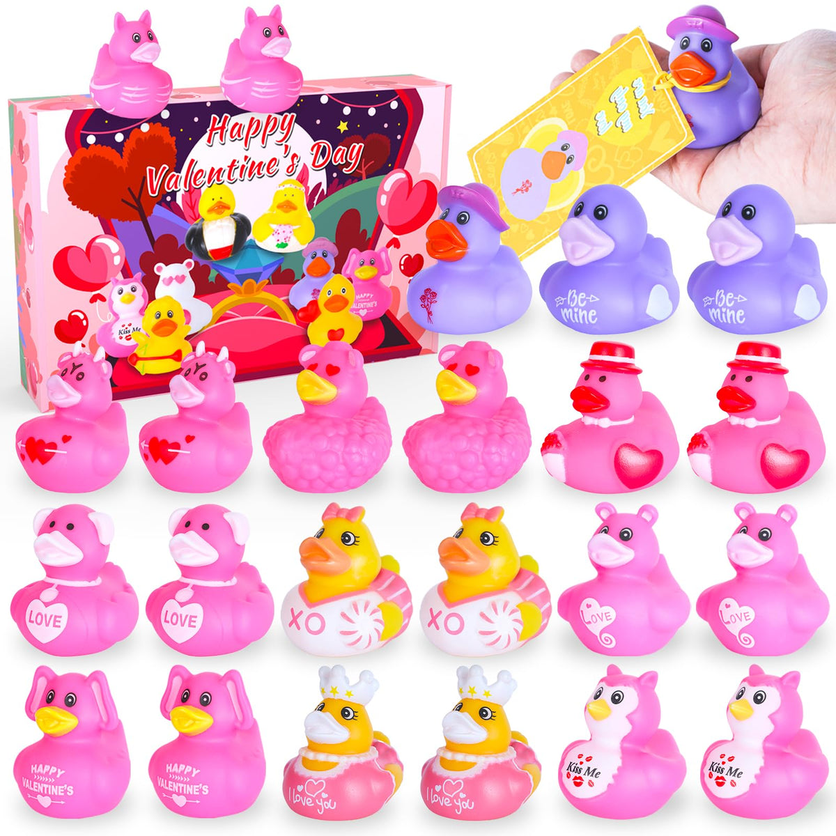 BOZILY 24-Pack Valentine’s Day Rubber Ducks with Cards – Classroom Valentines & Party Favors