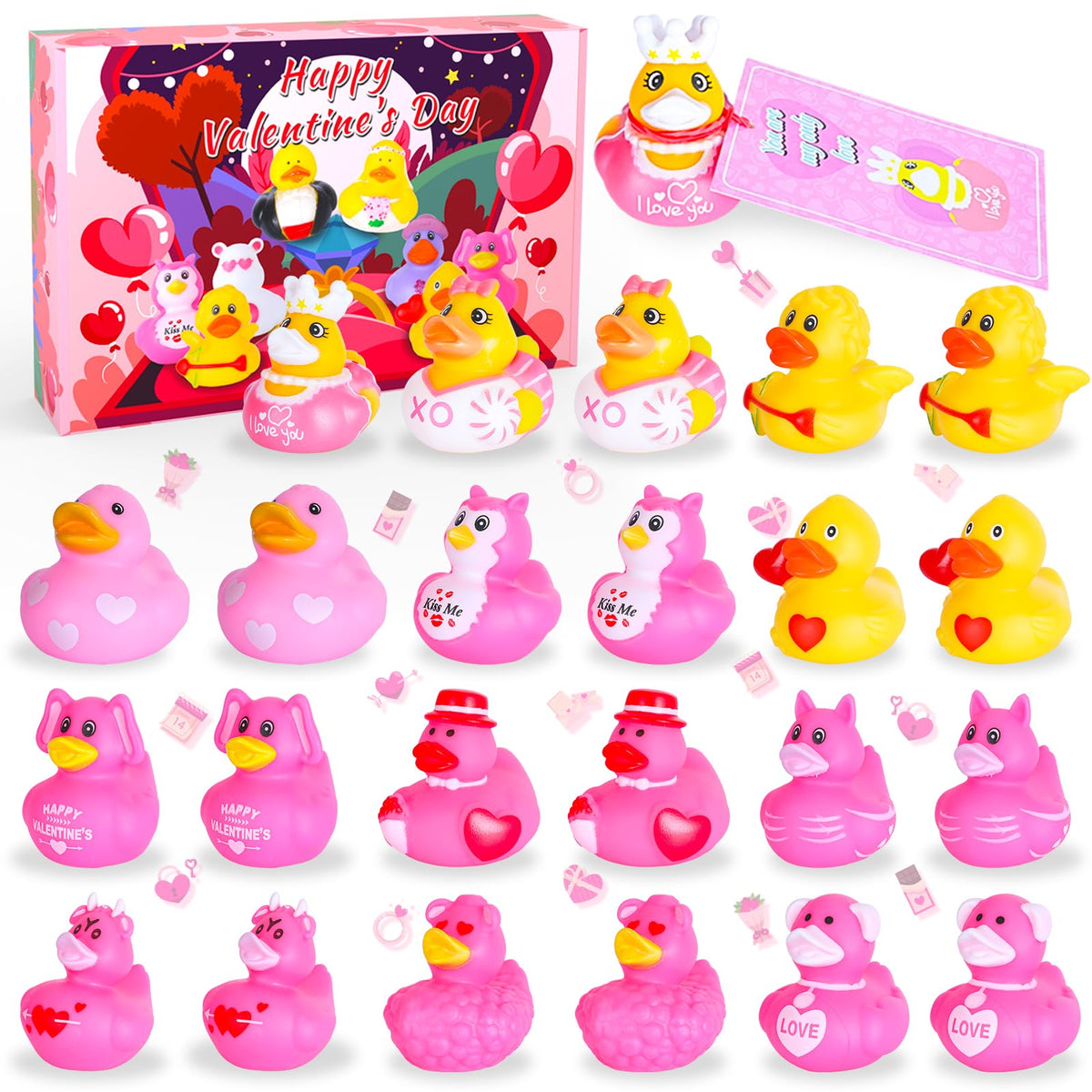 BOZILY 24-Pack Valentine's Day Rubber Ducks with Cards — Kids Classroom Party Favors