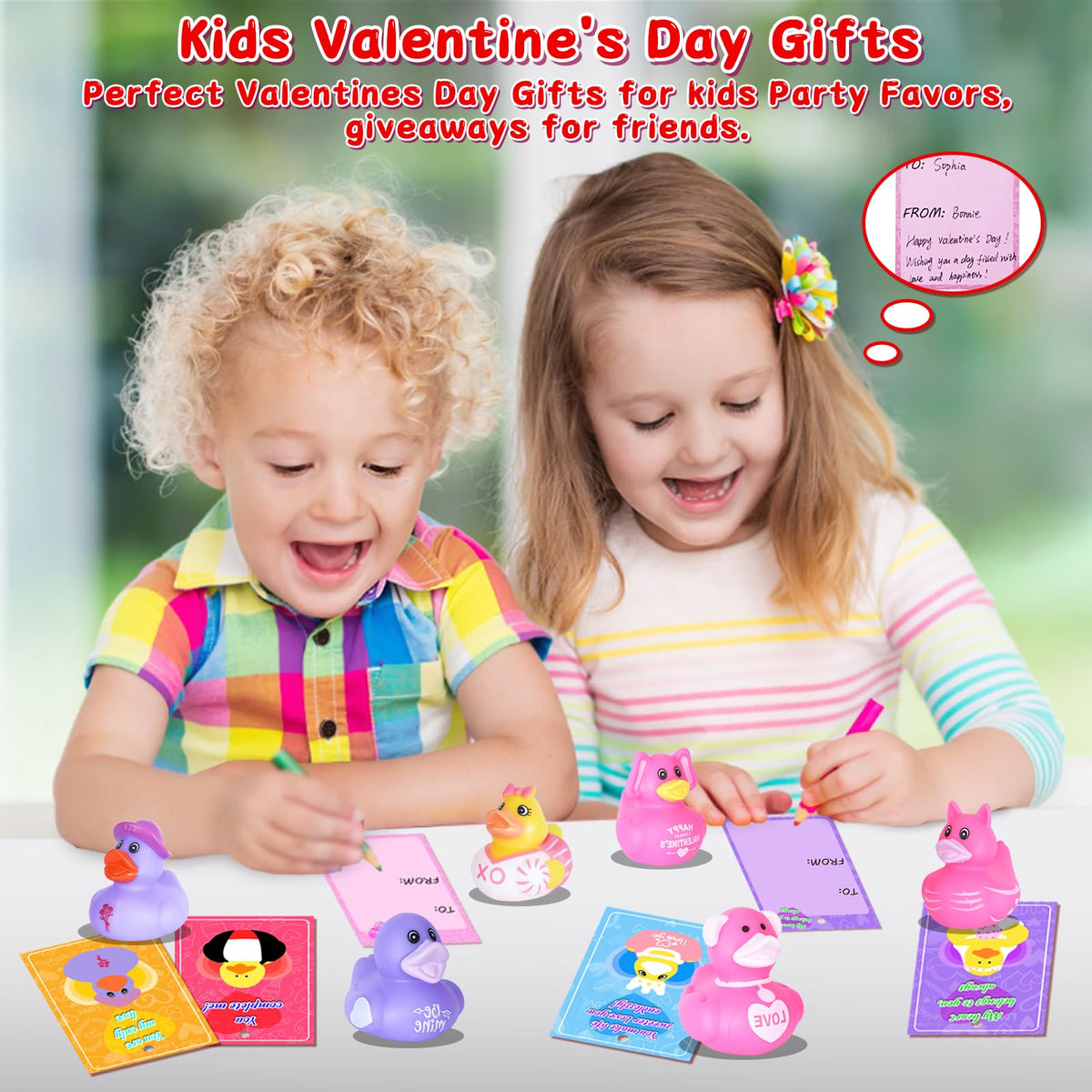 BOZILY 24-Pack Valentine’s Day Rubber Ducks with Cards – Classroom Valentines & Party Favors
