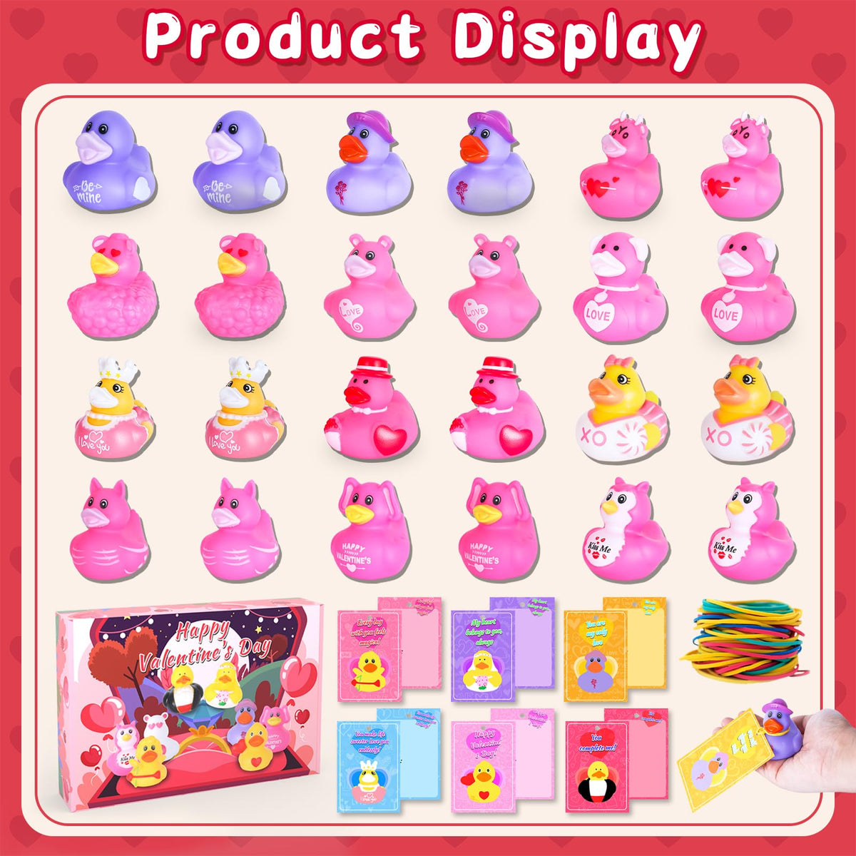 BOZILY 24-Pack Valentine’s Day Rubber Ducks with Cards – Classroom Valentines & Party Favors