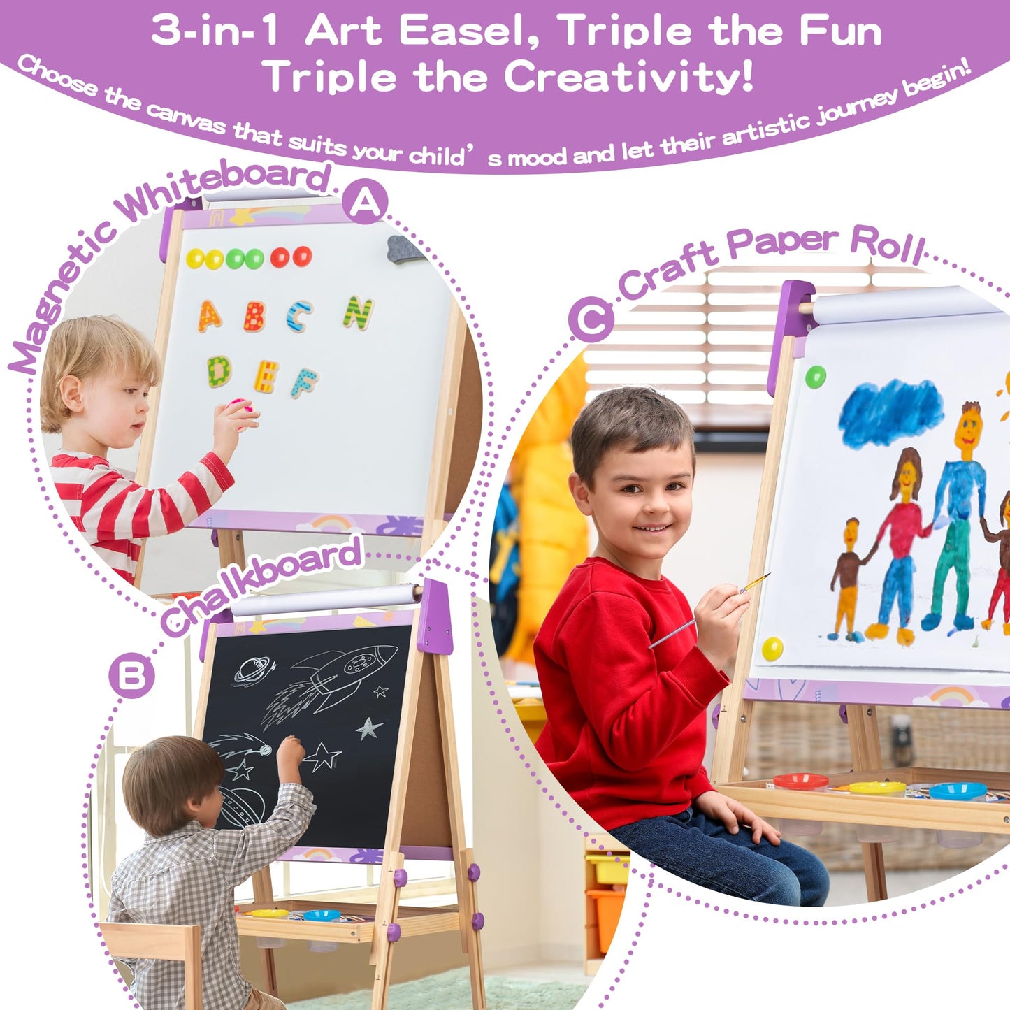 bpmfkid 3-in-1 Adjustable Kids Art Easel Set – Magnetic Whiteboard, Chalkboard & Paper Roll