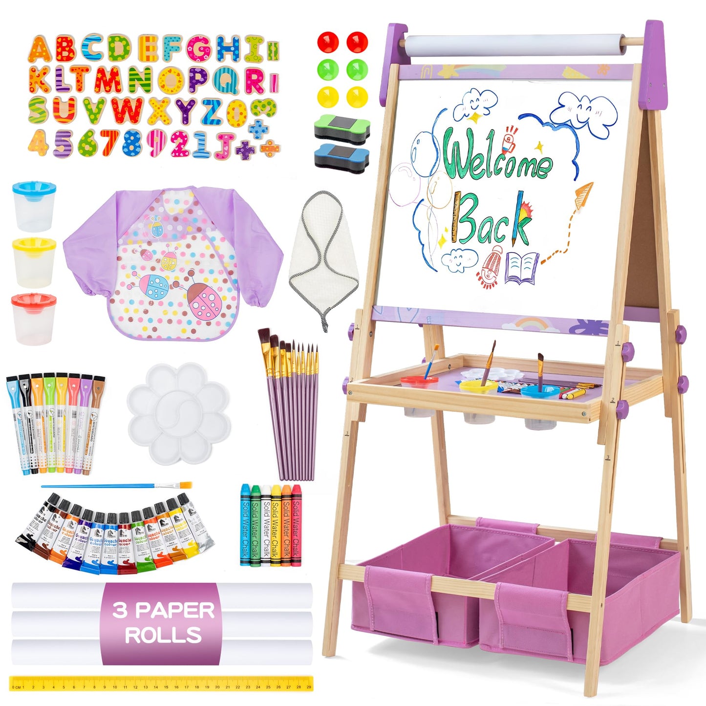 bpmfkid 3-in-1 Adjustable Kids Art Easel Set – Magnetic Whiteboard, Chalkboard & Paper Roll