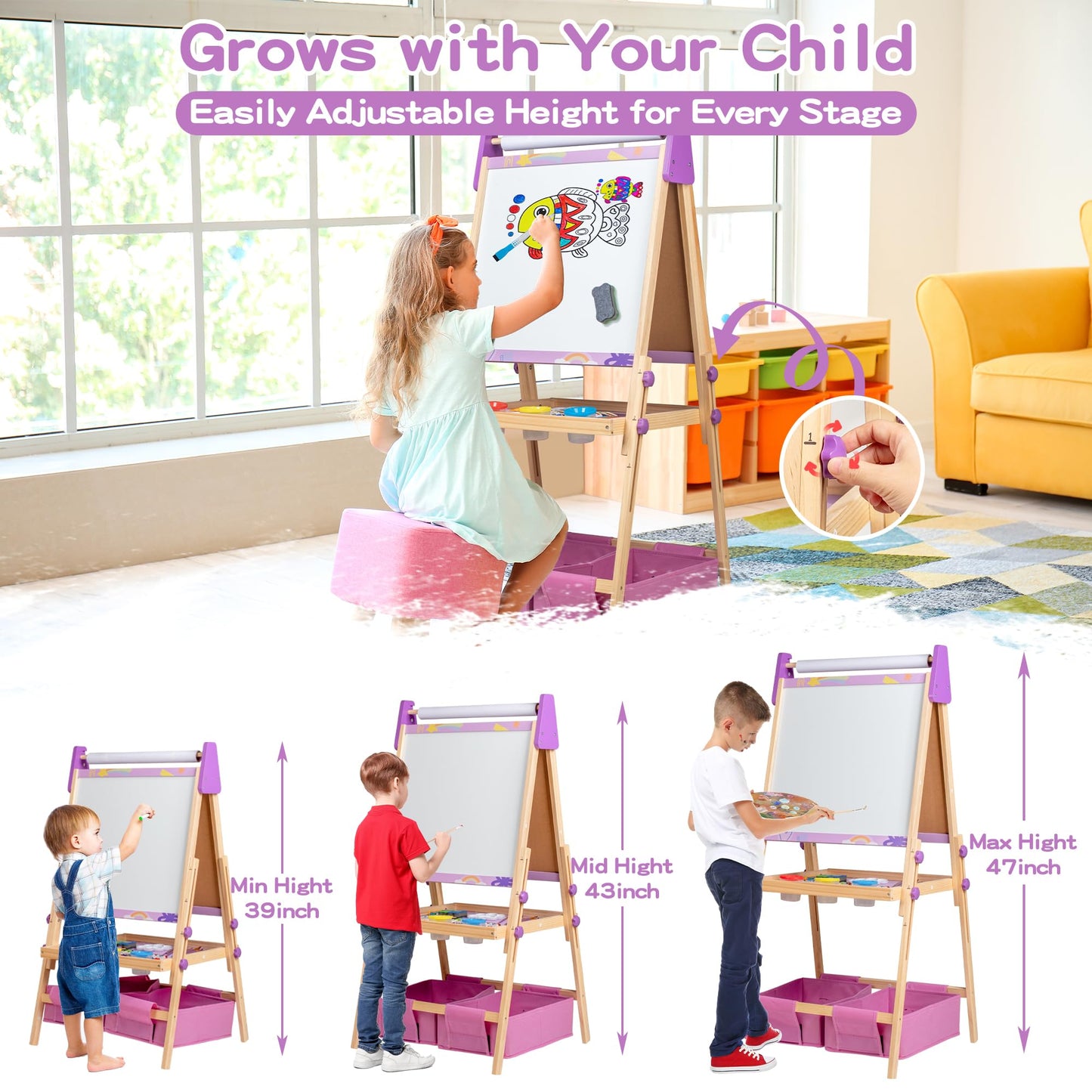 bpmfkid 3-in-1 Adjustable Kids Art Easel Set – Magnetic Whiteboard, Chalkboard & Paper Roll